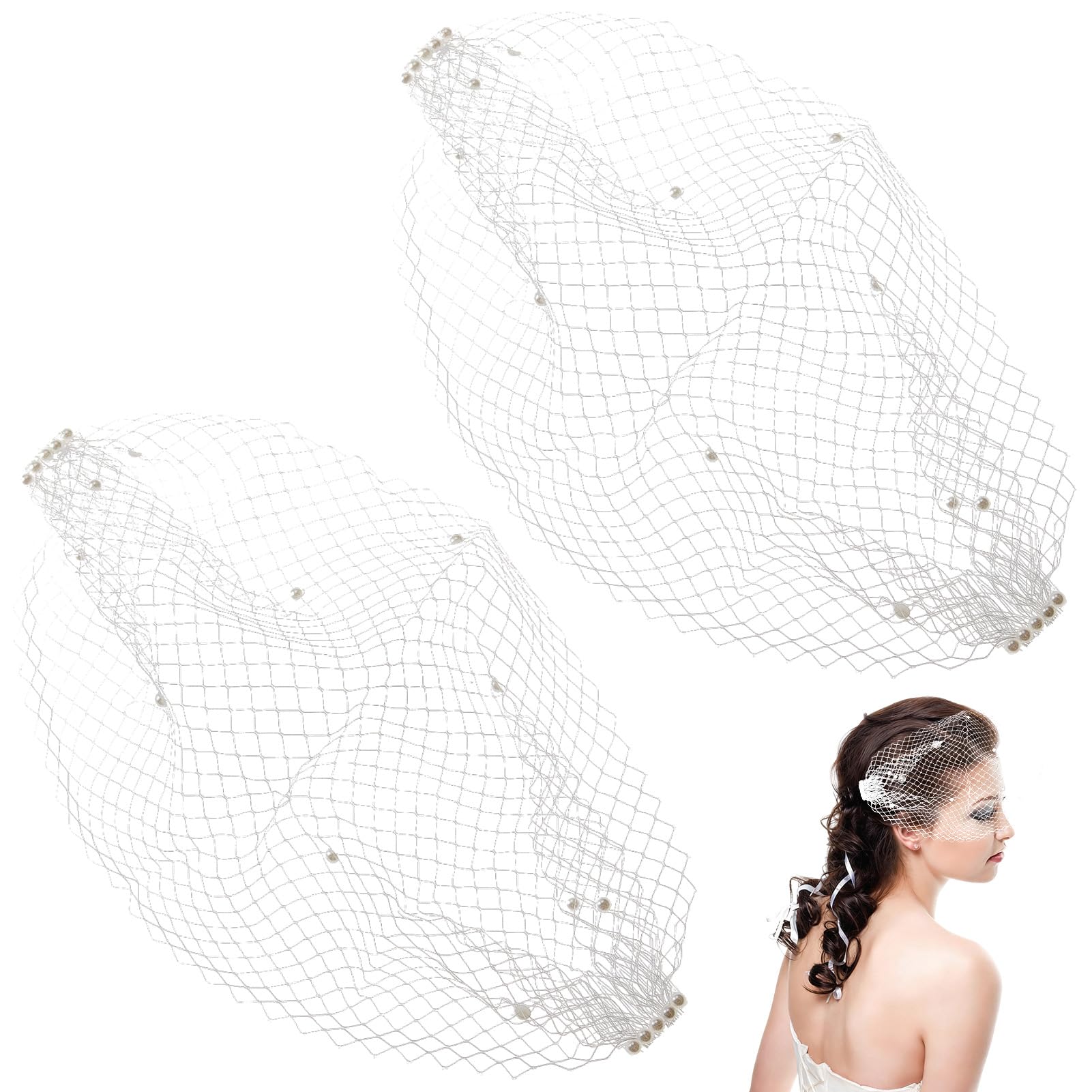 NICENEEDED 2 PCS Pearl Birdcage Veil, White Bridal Fascinator Flapper Mesh Veil Headpiece Wedding Bandeau Decoration with Hair Comb, 1920s Fascinators Decoration for Tea Party Costume Accessories