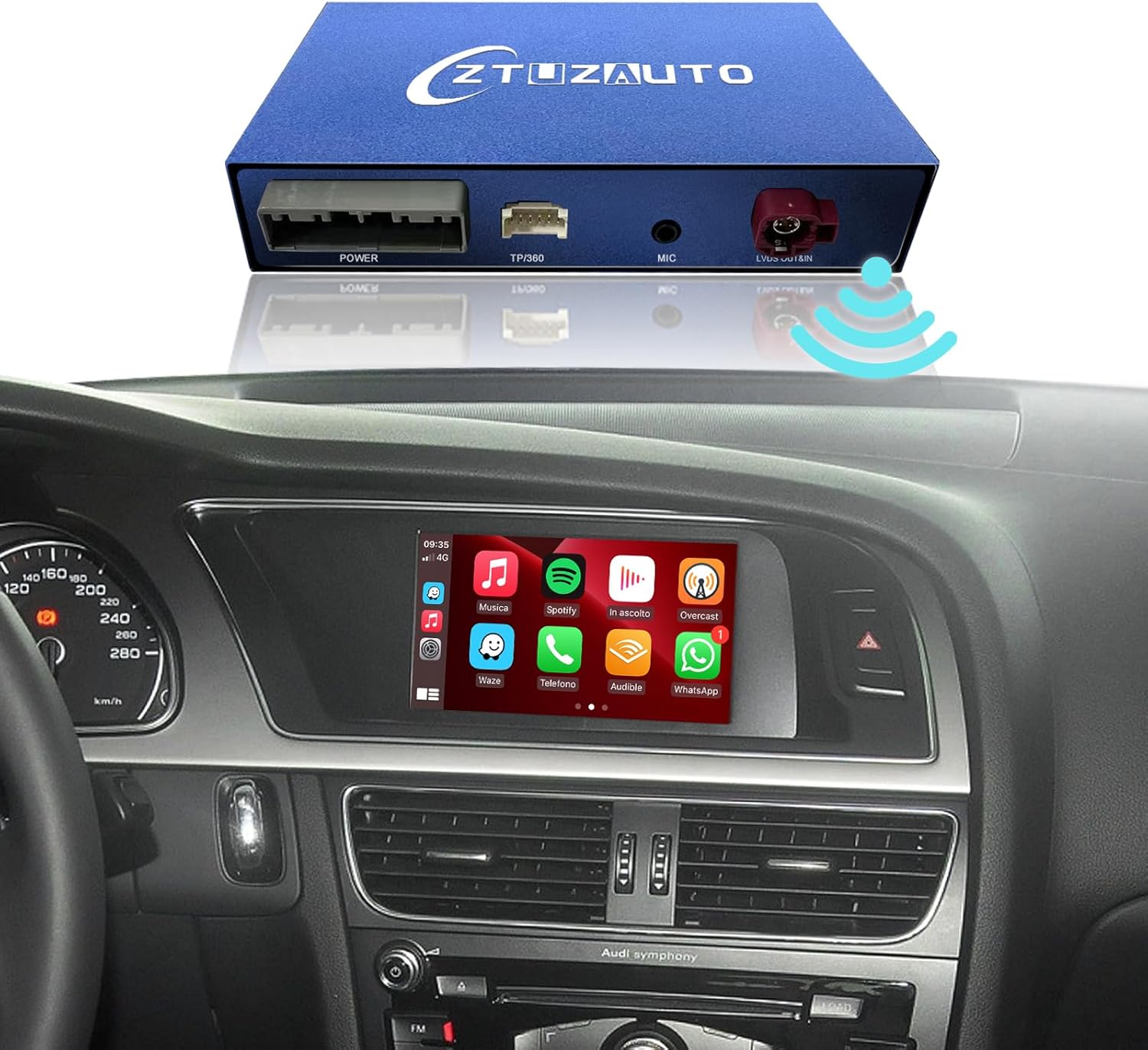 ZTUZAUTO module and in-car display with CarPlay interface