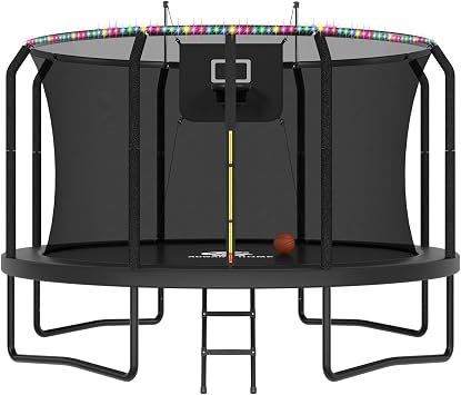 ACWARM HOME Trampoline Outdoor 12FT Trampoline with Basketball Hoop and LED Lights, Recreational Trampolines for Kids and Adults with Net and Ladder, ASTM Approved, Black