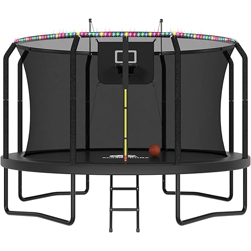 ACWARM HOME Trampoline Outdoor 8FT 10FT 12FT 14FT 15FT 16FT Trampoline with Basketball Hoop and LED Lights, Recreational Trampolines for Kids and Adults with Net and Ladder, ASTM Approved