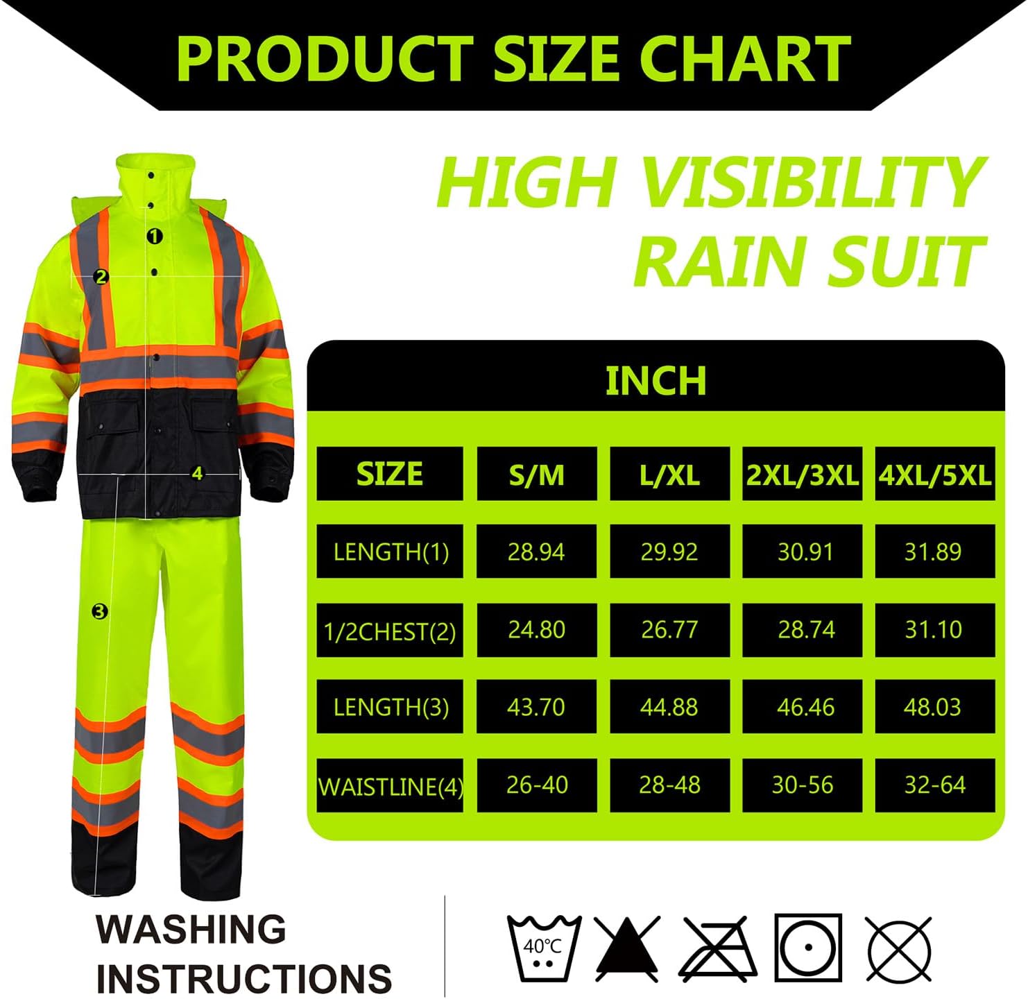 Class 3 High Visibility Rain Suit With Detachable Hood Waterproof Lime Reflective Safety Worker Jacket & Pants (L/XL Yellow)