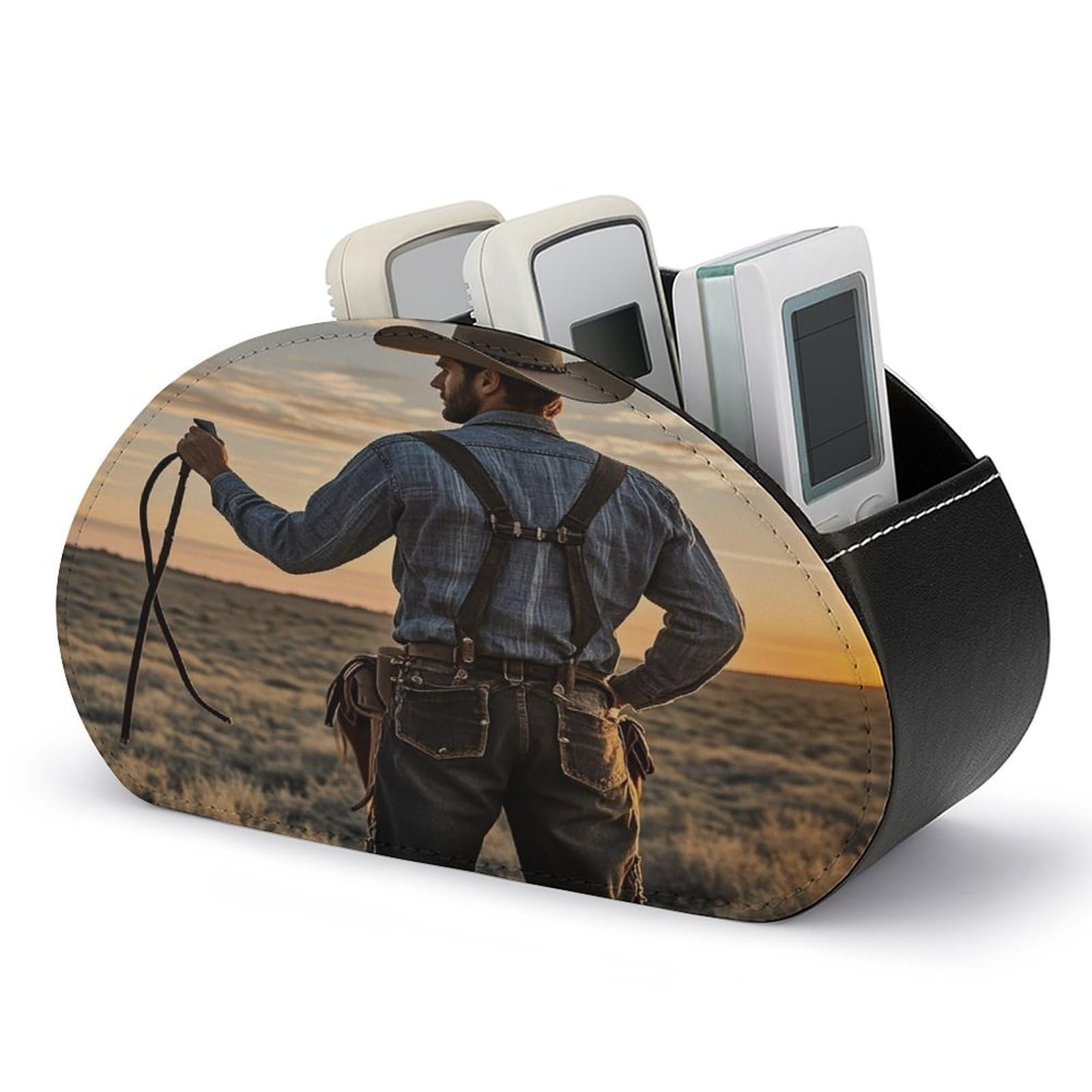 FekiLoot Leather TV Remote Control Holder with 5 Compartments Multifunctional TV Remote Holder Bedside Table Remote Caddy Storage Box Cowboy West Remote Organizer for Home Office
