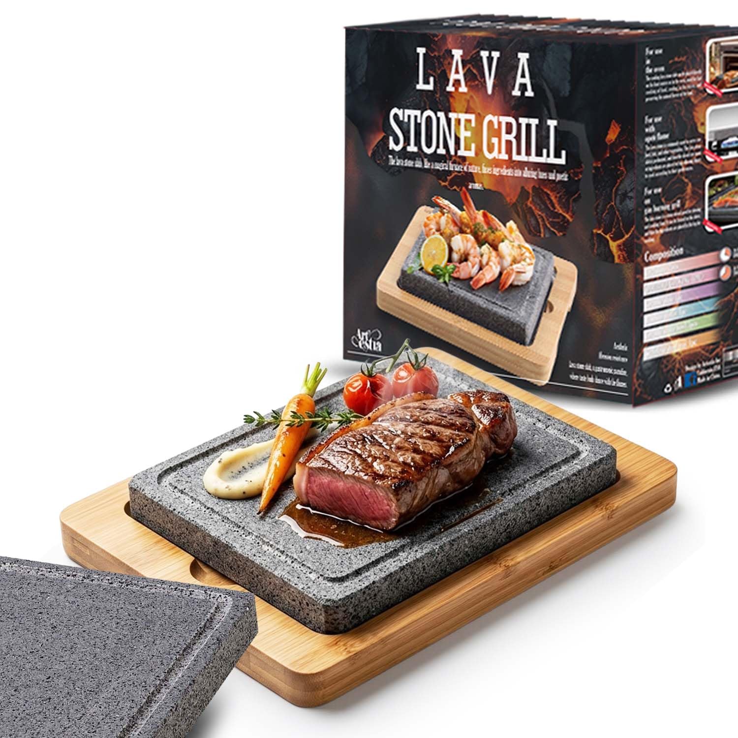 Artestia Lava Stone Steak Stone, Rectangular, Black, 8.46" x 6.49" x 1.06"