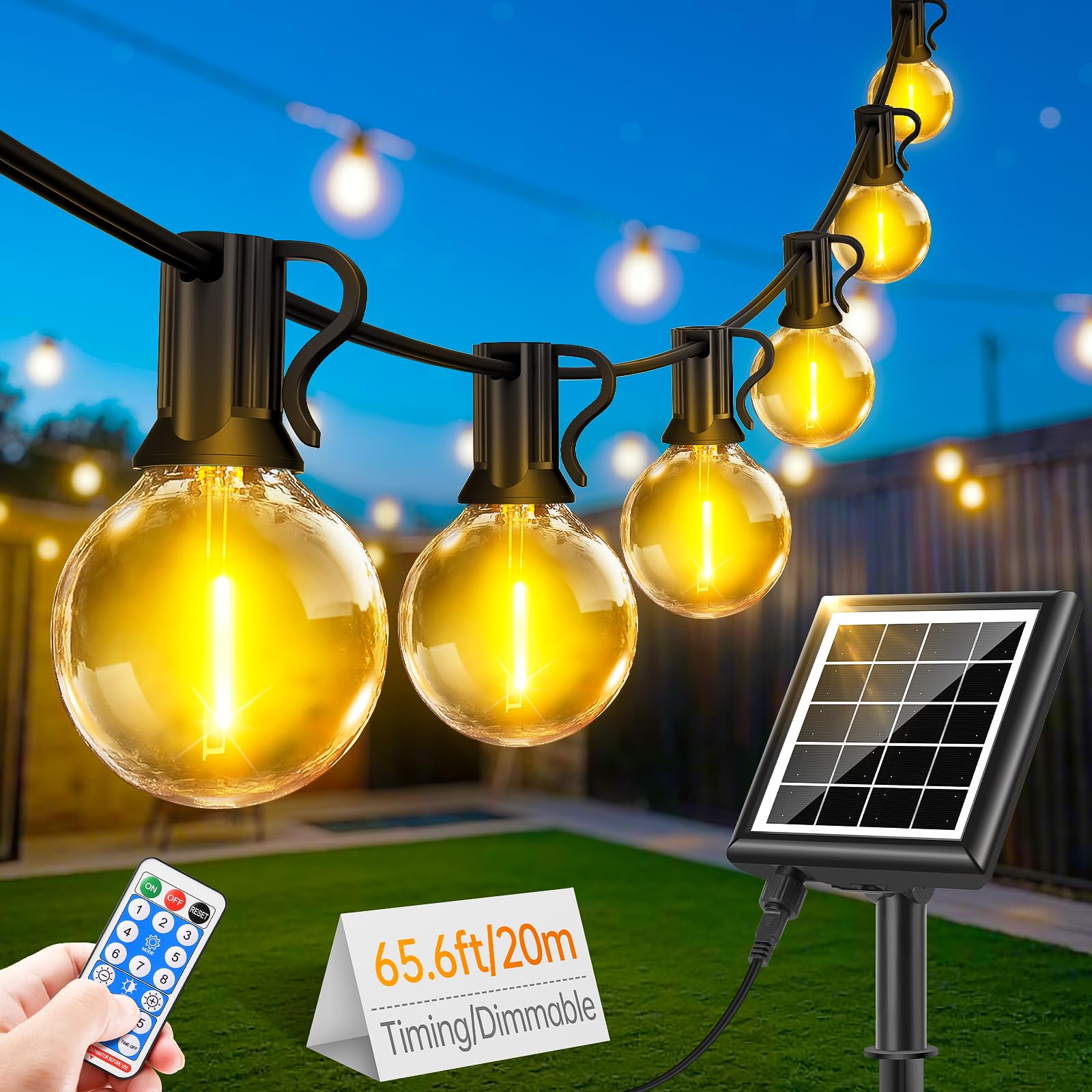 Solar String Festoon Lights Outdoor - Remote Control 20M / 65.6ft USB Rechargeable IP44 Waterproof LED Garden Light Weatherproof Solar Powered Outside Lighting for Gazebo Pergola Patio