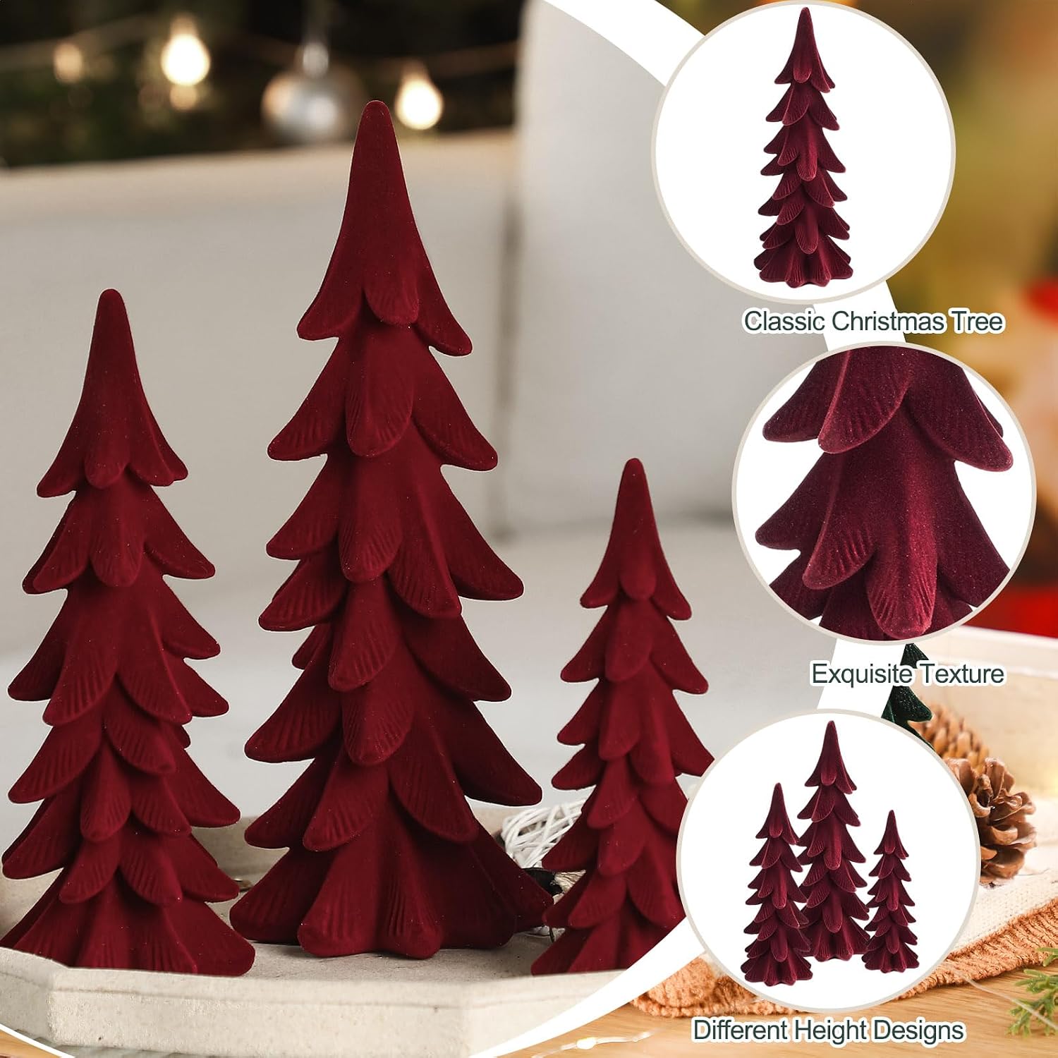 Cinnvoice 3 Set Velvet Christmas Tree Figurines, Red