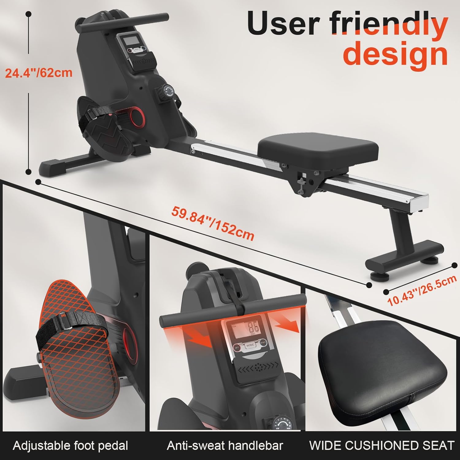 Diagram showing the dimensions of the Neezee Rowing Machine