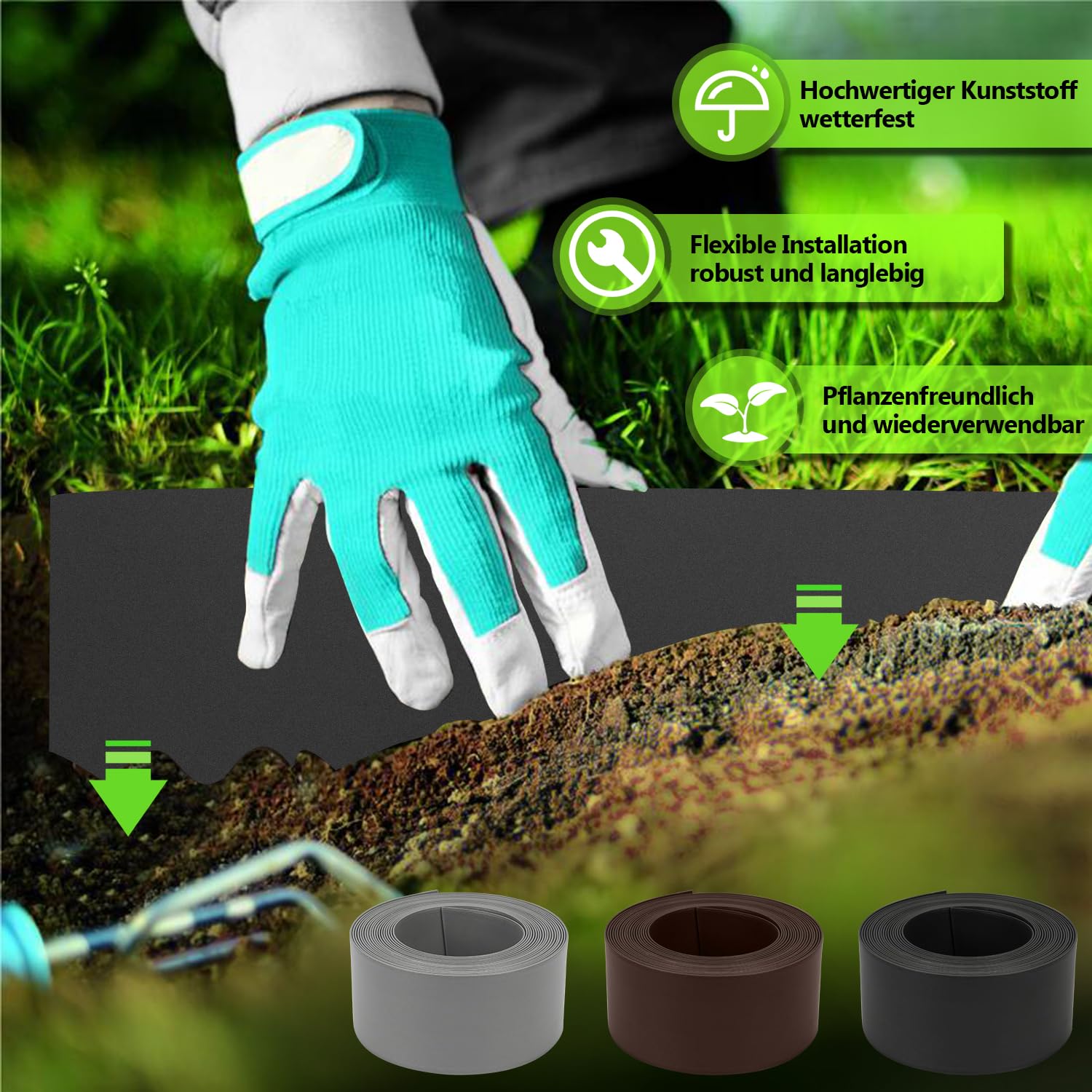 Randaco Rasenkanten Schwarz Länge 25 m, Höhe 14 cm Umrandung Beeteinfassung Rund Beetumrandung für Kurven Blumenbeet unsichtbar Rasen und Beetbegrenzung aus stabilem Plastik Mähkante