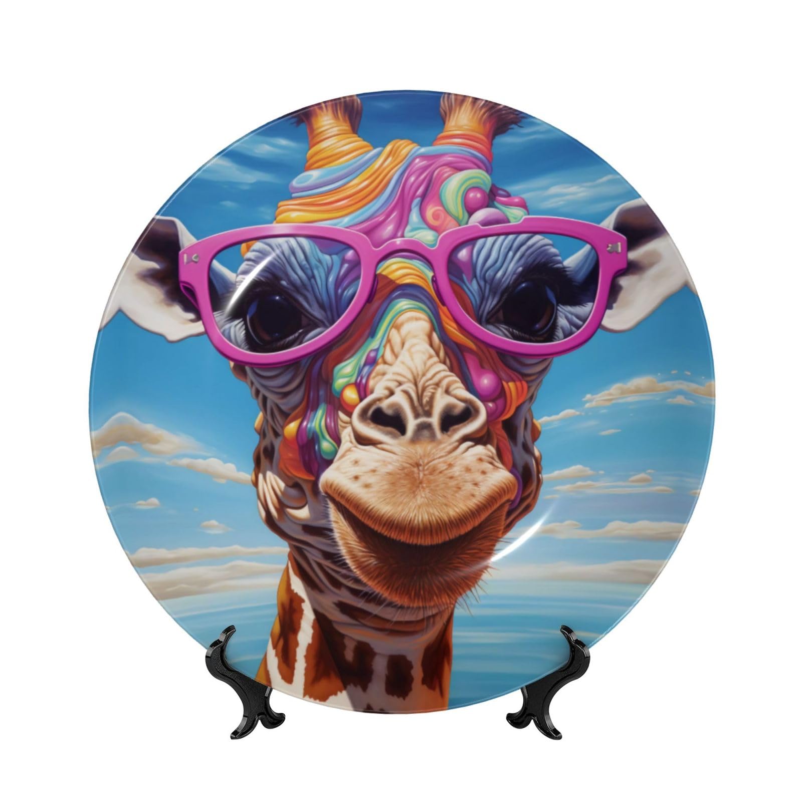 SXZVVBN Mischievous Giraffe Bone China Decorative Plate Art with Stand Removable Adhesive Hanging for Home Office 10in（25cm）