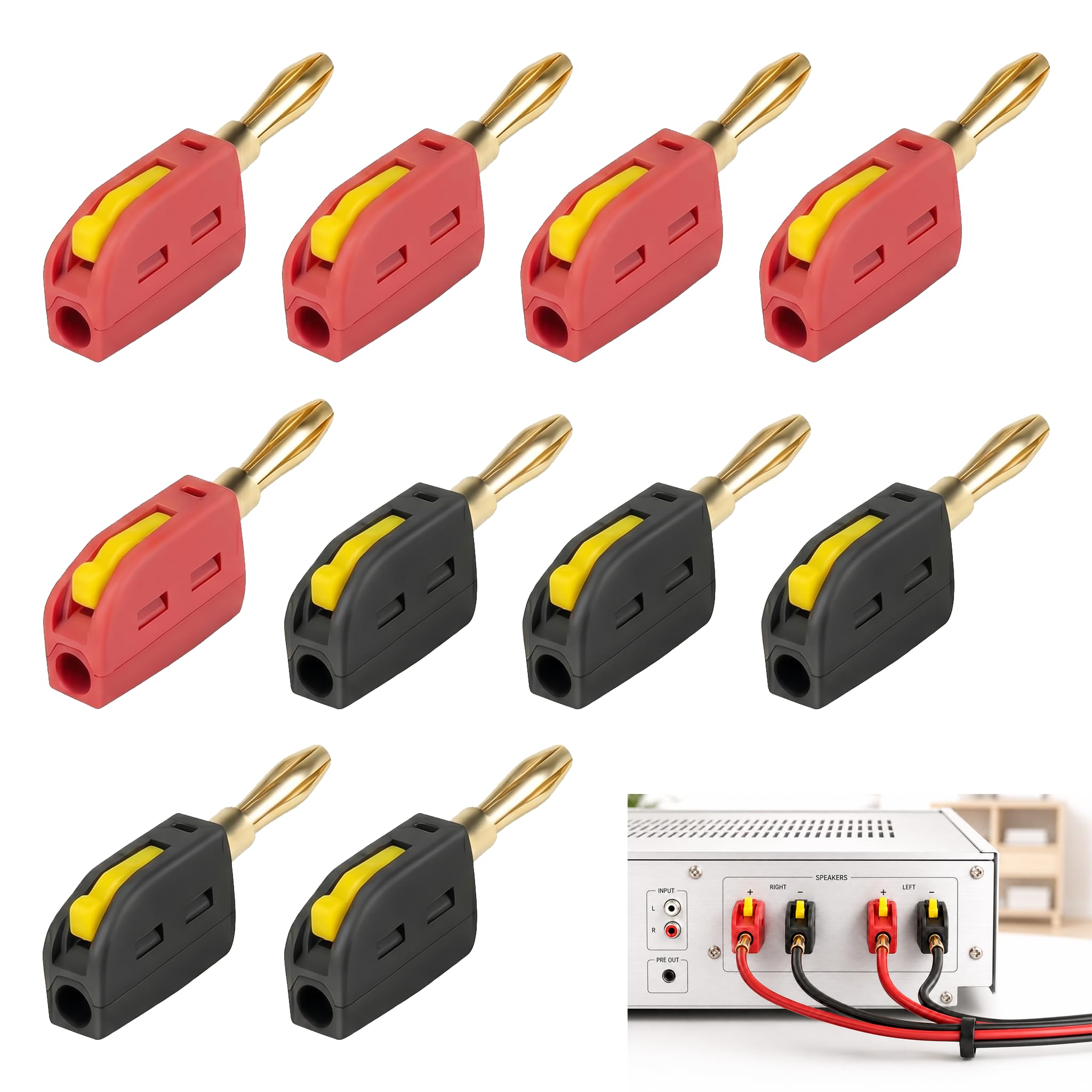 10 Stück Bananenstecker 4mm, 4mm Bananenstecker Lautsprecher, Banana Plug Audio Stecker für Lautsprecherkabel Verstärker Receiver Endstufen und Stereoanlagen, Rot Schwarz Kabelstecker Set Audiozubehör