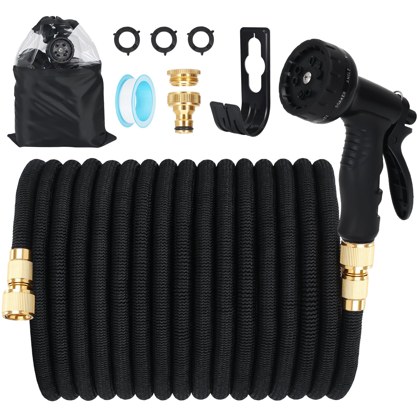75FT Expandable Garden Hose with 10 Hole Nozzle, 3/4 inch and 1/2 inch Brass connectors, Flexible Water Hose Durable 3750D, 3-Layer Latex core, Leak Proof, No Knots