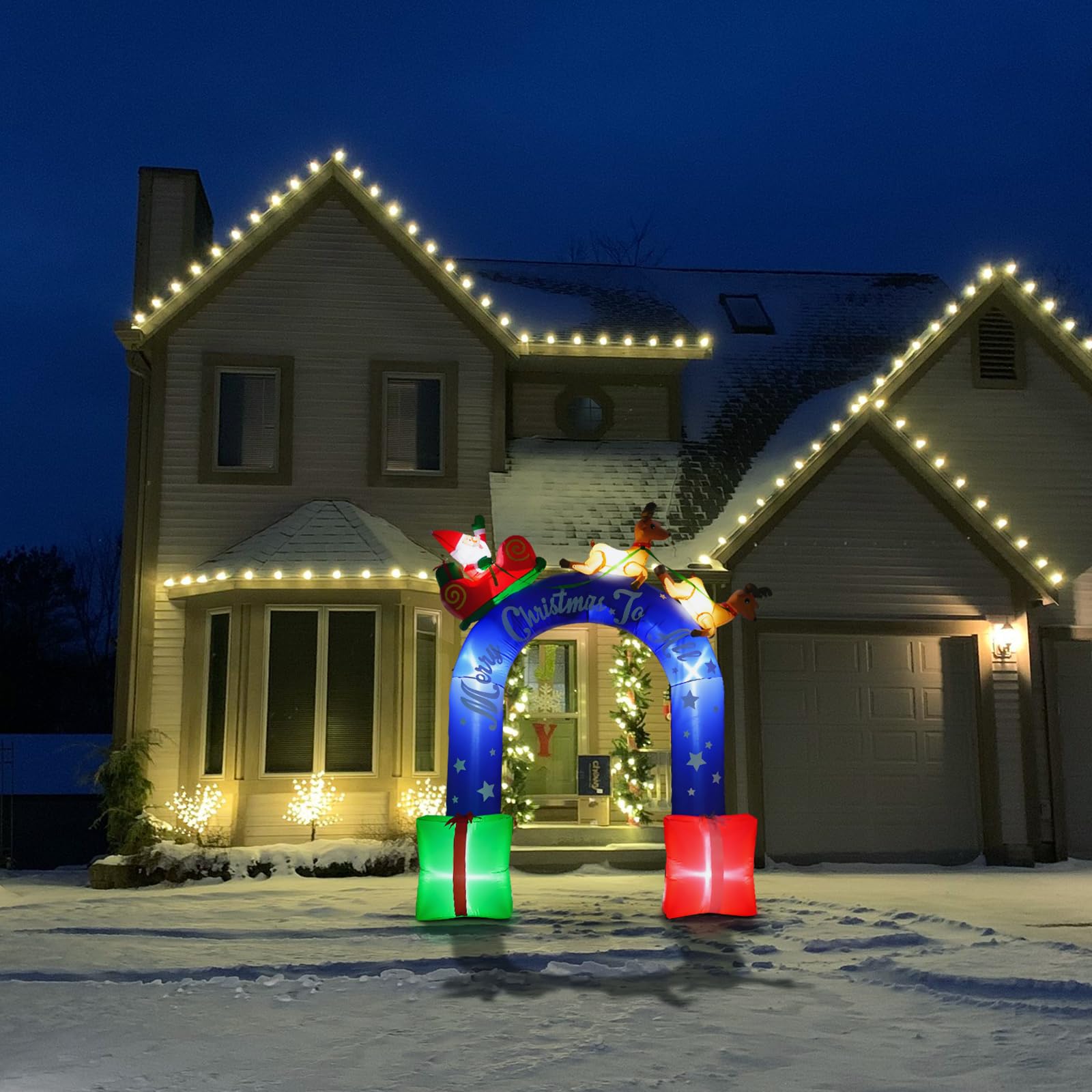 Babbo Natale gonfiabile alto 2,7 m che cavalca una renna con foglio, decorazione esterna, arco natalizio con regali, W-CL2250-270