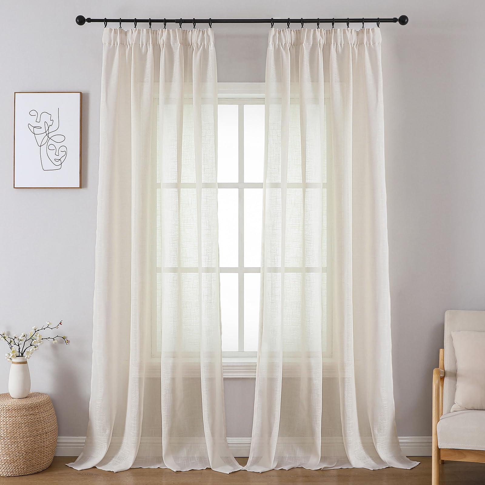 Joydeco Natural Linen Voile Curtains 55 x 88 Inch Drop for Ceiling Track Rail 2 Panels, Light Filtering Pencil Pleat Faux Linen Sheer Curtains 225cm Length (No Hooks)
