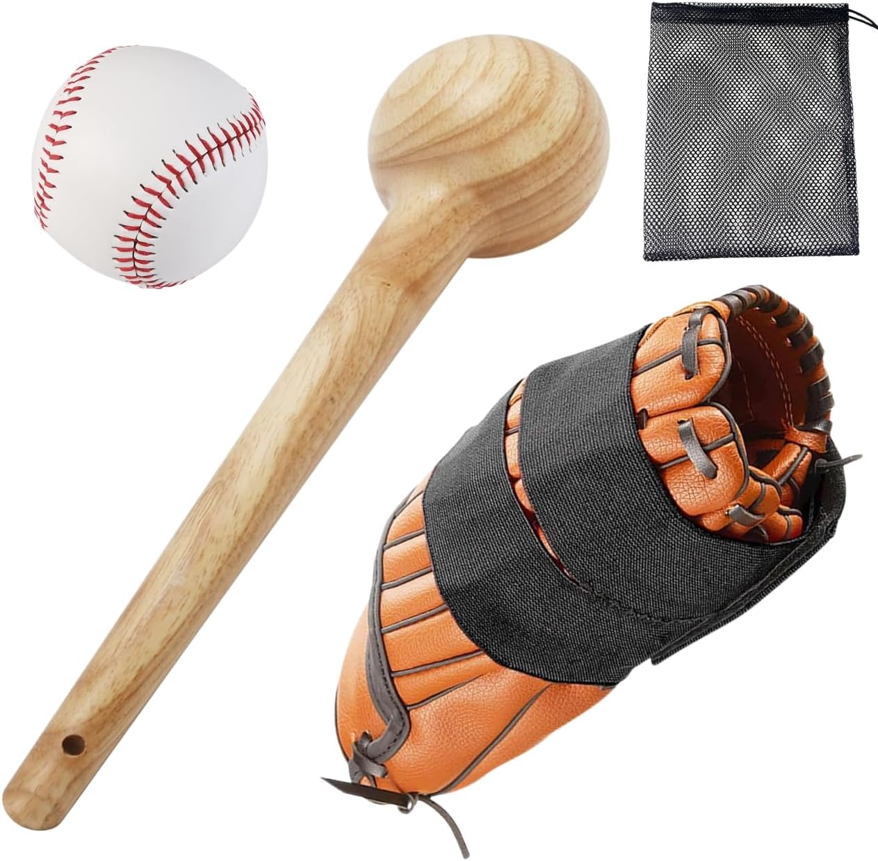 Baseball Glove Break-in Kit with Solid One-Piece Mallet Shaping Ball Band | Glove mallet, shaping ball, wrap band, mesh bag, wrap band, break-in, pocket shaping, storage