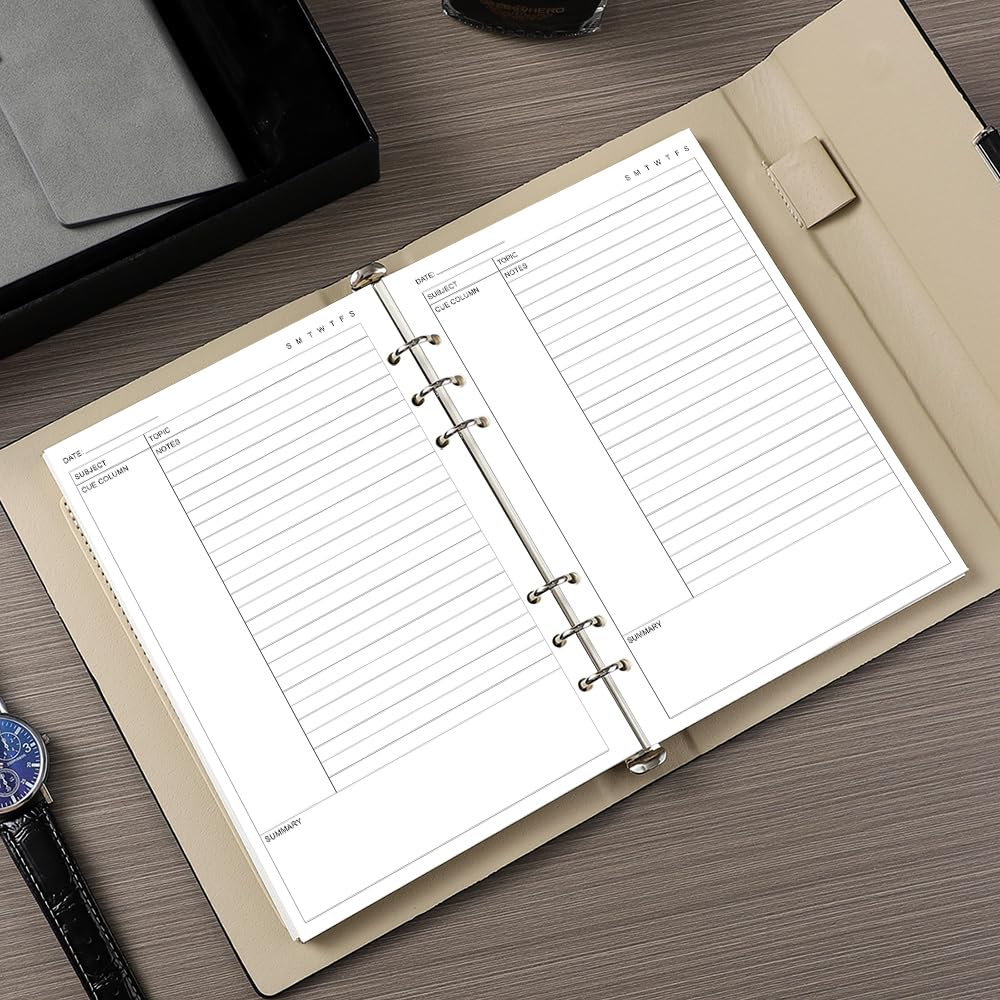 Cornell Notes - Papel de relleno para carpeta A5, 6 agujeros, hojas sueltas, 50 hojas/100 páginas, 100 g/m², blanco, 5.8 x 8.5 pulgadas