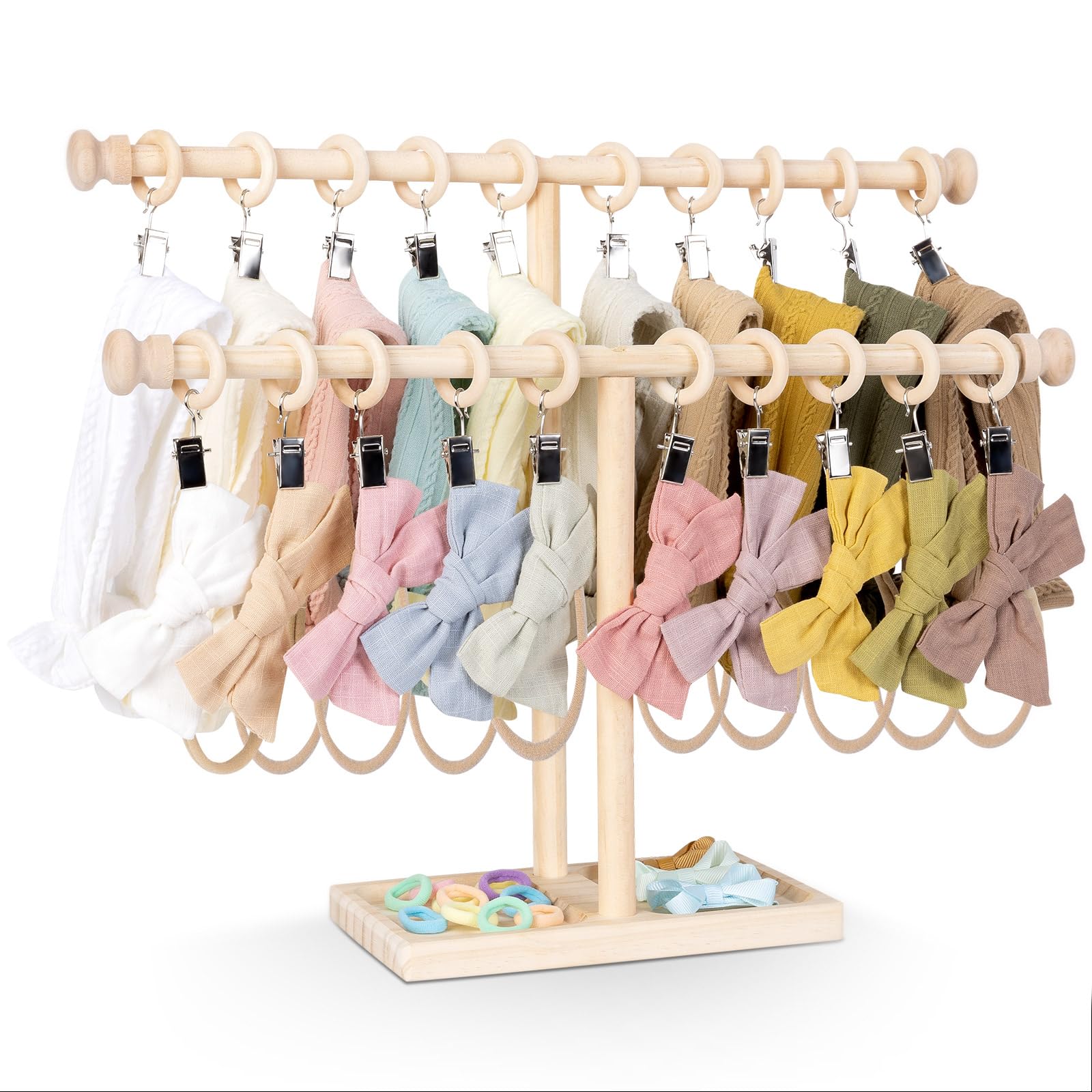 POVETIRE Headband Holder Stand Storage for Baby, 2 Tier Wooden Bow Organizer for Girls Hair Bows, Infant Hair Accessories Rack Display for Nursery