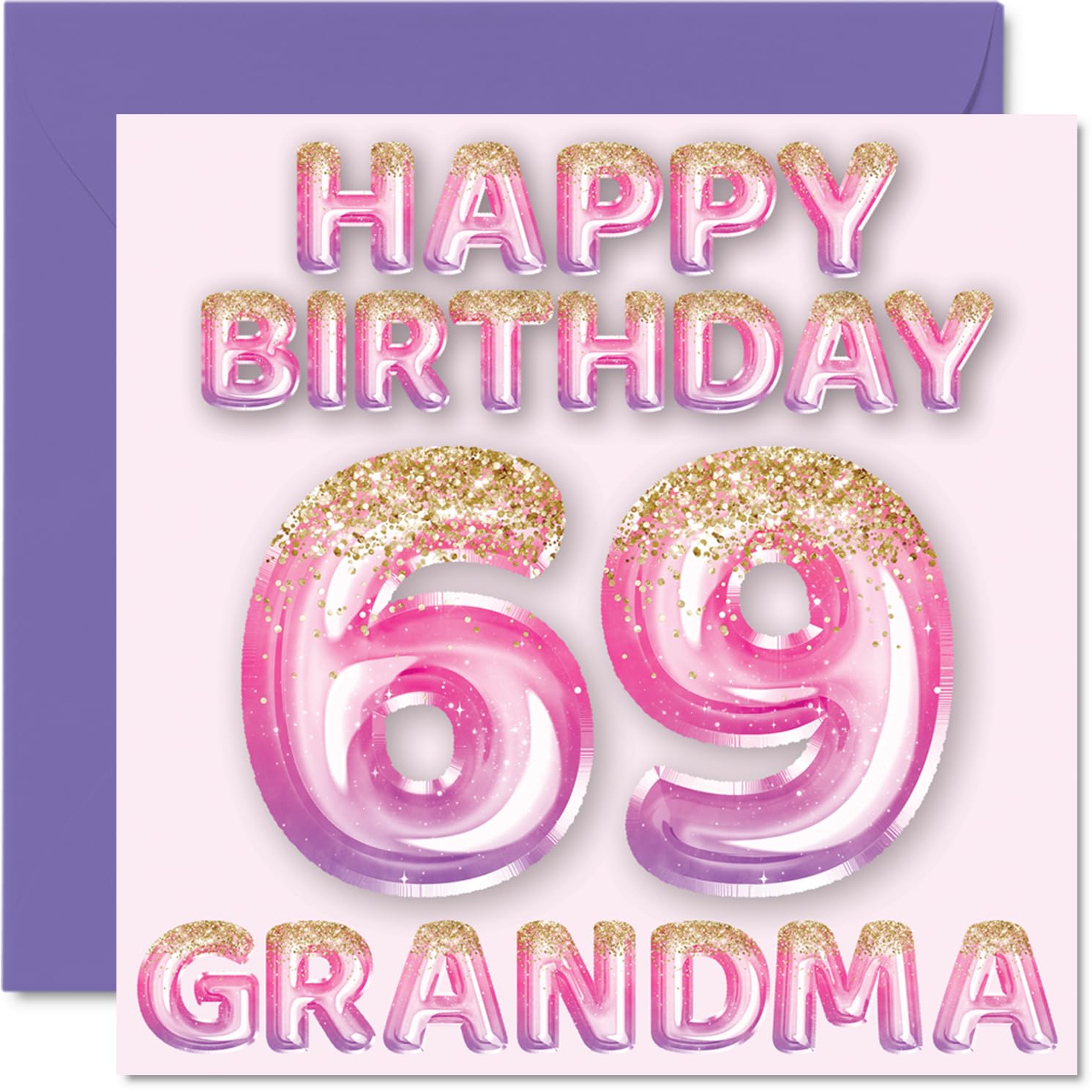 69th Birthday Card for Grandma, Pink & Purple Glitter Balloons