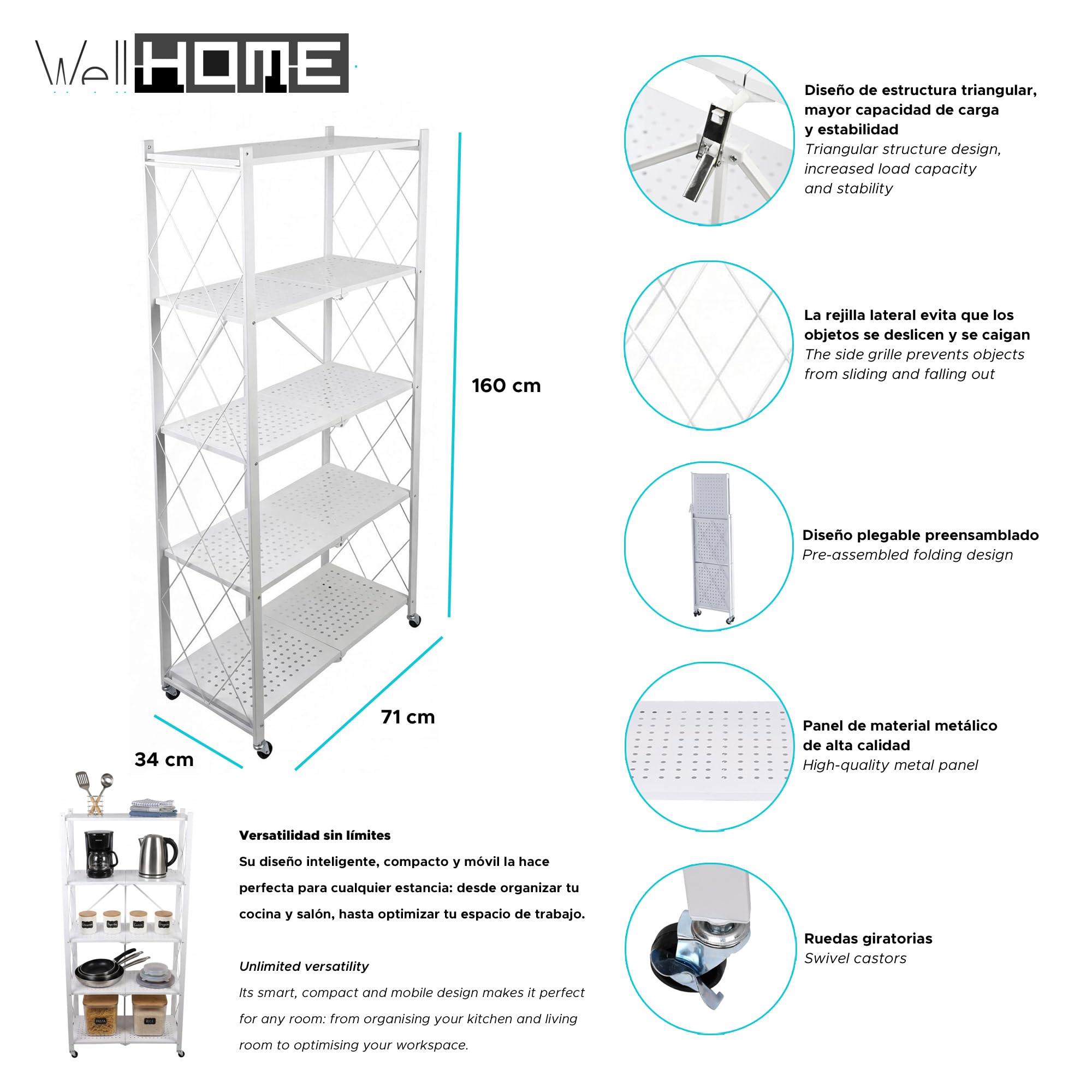 Well Home Estantería de Almacenamiento Plegable de 5 Estantes con Ruedas, SIN Montaje -71x34x160 cm Color Blanco