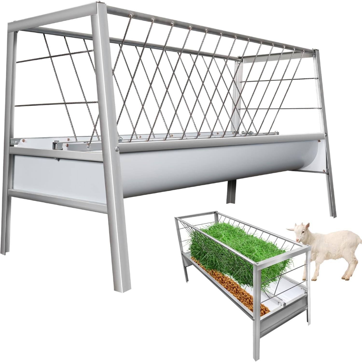 200 Gallon Capacity Hay Feeder, Pasture Hay Feeder with Galvanized Stainless Steel, 2-in-1 Grain & Hay Feeder for Farms, Easy Assembly, Detachable Grain Tray, Slivery
