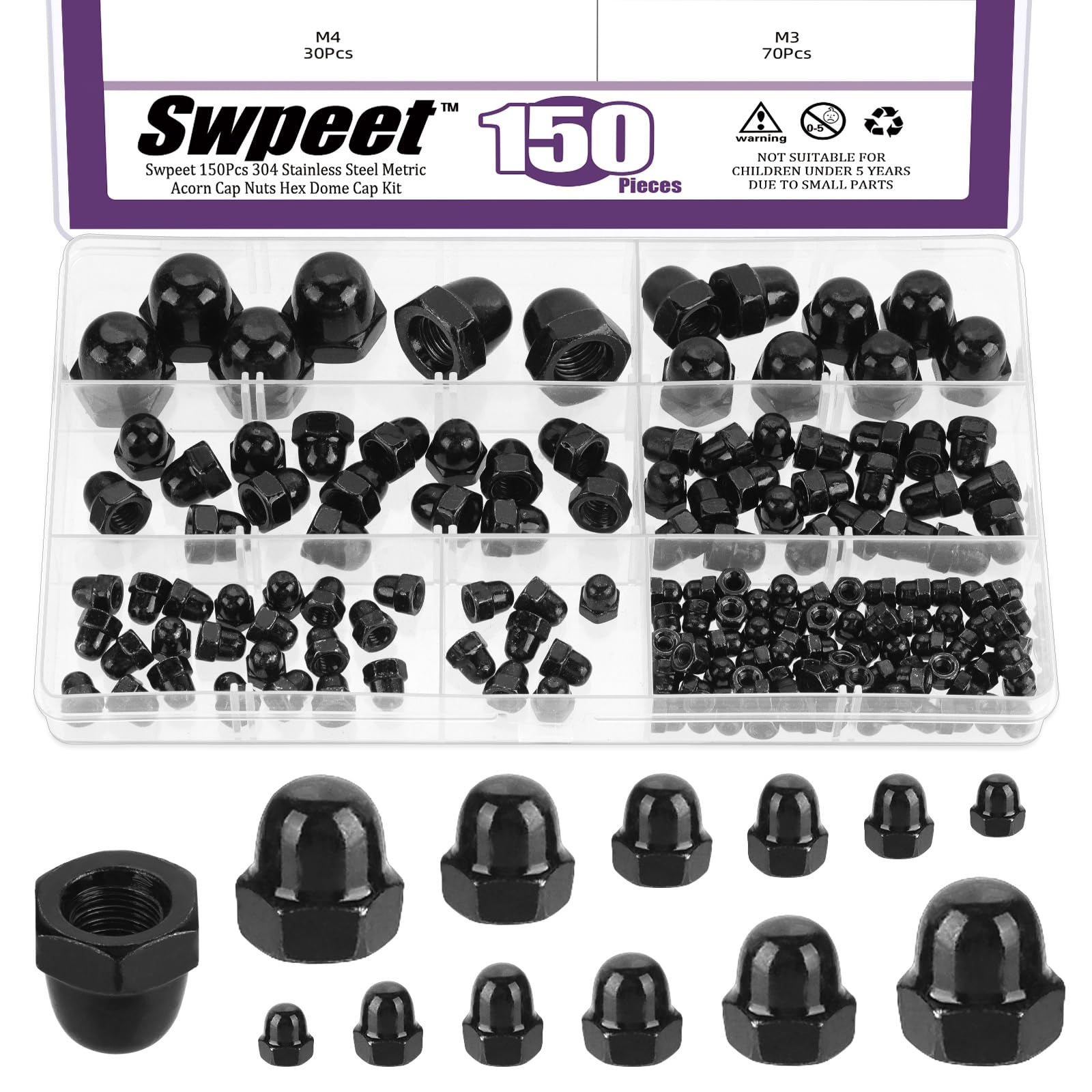 Swpeet 150Pcs 6 Sizes M3 M4 M5 M6 M8 M10 Metric Black Acorn Cap Nuts Hex Dome Cap Assortment Kit, Acorn Nuts 304 Stainless Steel Caps Nut Hex Dome Head Decorative Acorn Hex Cap Nut for Screws Bolts