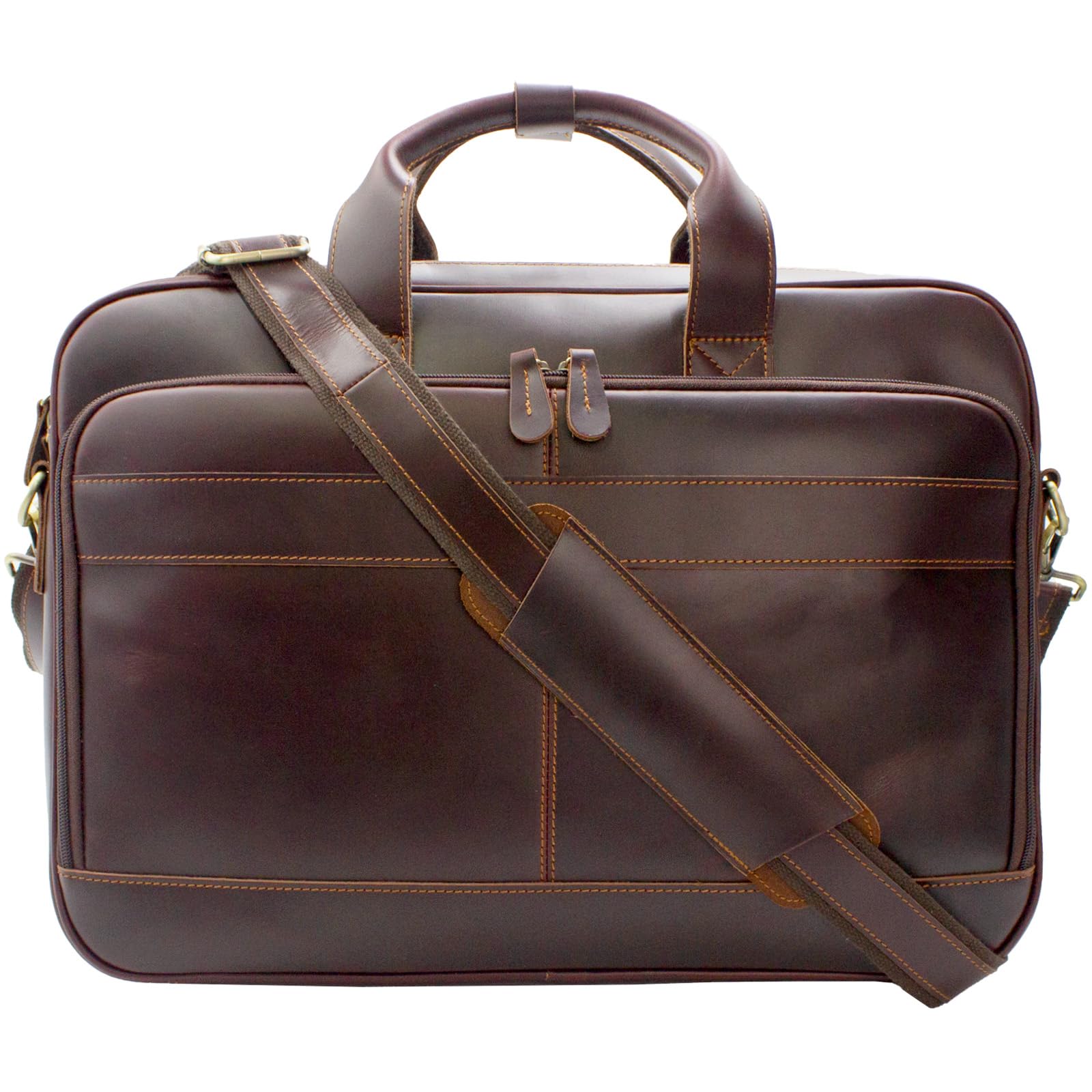 Jack&amp;Chris Full Grain Leather Briefcase for Men, Business Messenger Bag Laptop Bag Attache Case, Fits 15.6 Inch Laptop