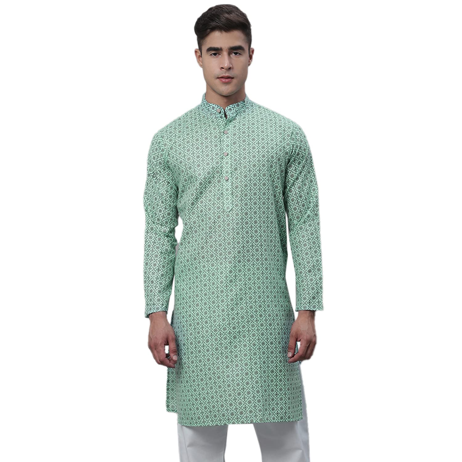 Sojanya (Since 1958 Men's Cotton Linen Sea Green Foil Printed Only Long Kurta