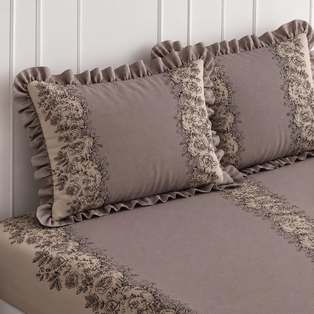 Elastic Fitted King Size Bedsheet Cotton for Double Bed | 72”x78” +10 Inch, Floral, Soft & Breathable, Fade & Shrink Resistant, 2 Pillow Covers (Warm Taupe)-image-36