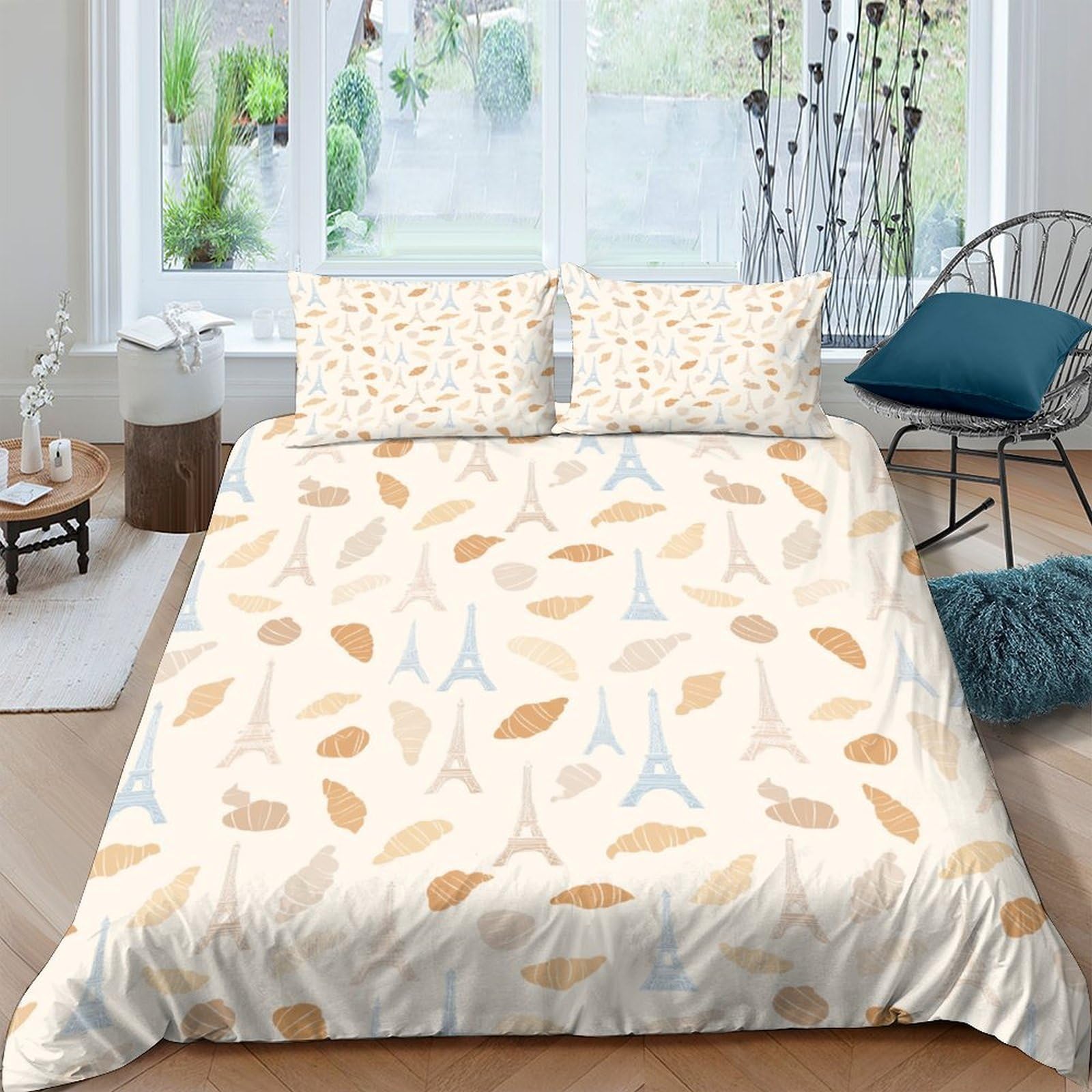TUFRTGYHN 3D Printed Eiffel Tower Autumn Leaves Duvet Cover Set Microfiber Soft Breathable Bedding with 2 Pillowcases for Bedroom Decor Single（135x200cm）
