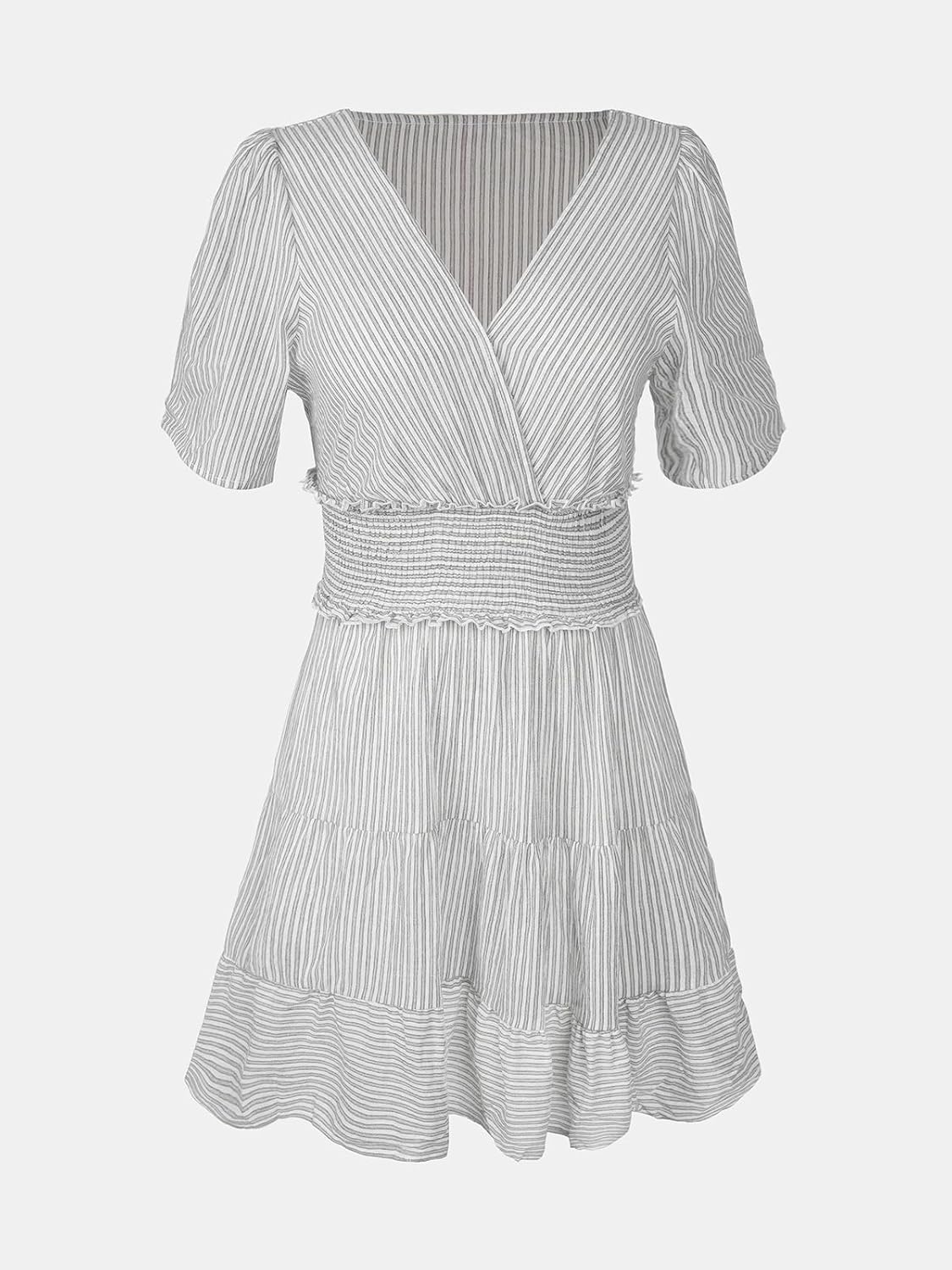 CUPSHE Women's Mini Dress Striped V Neck Short Sleeve Ruffled Smocked Waist Short A Line Beach Dresses - Image 5
