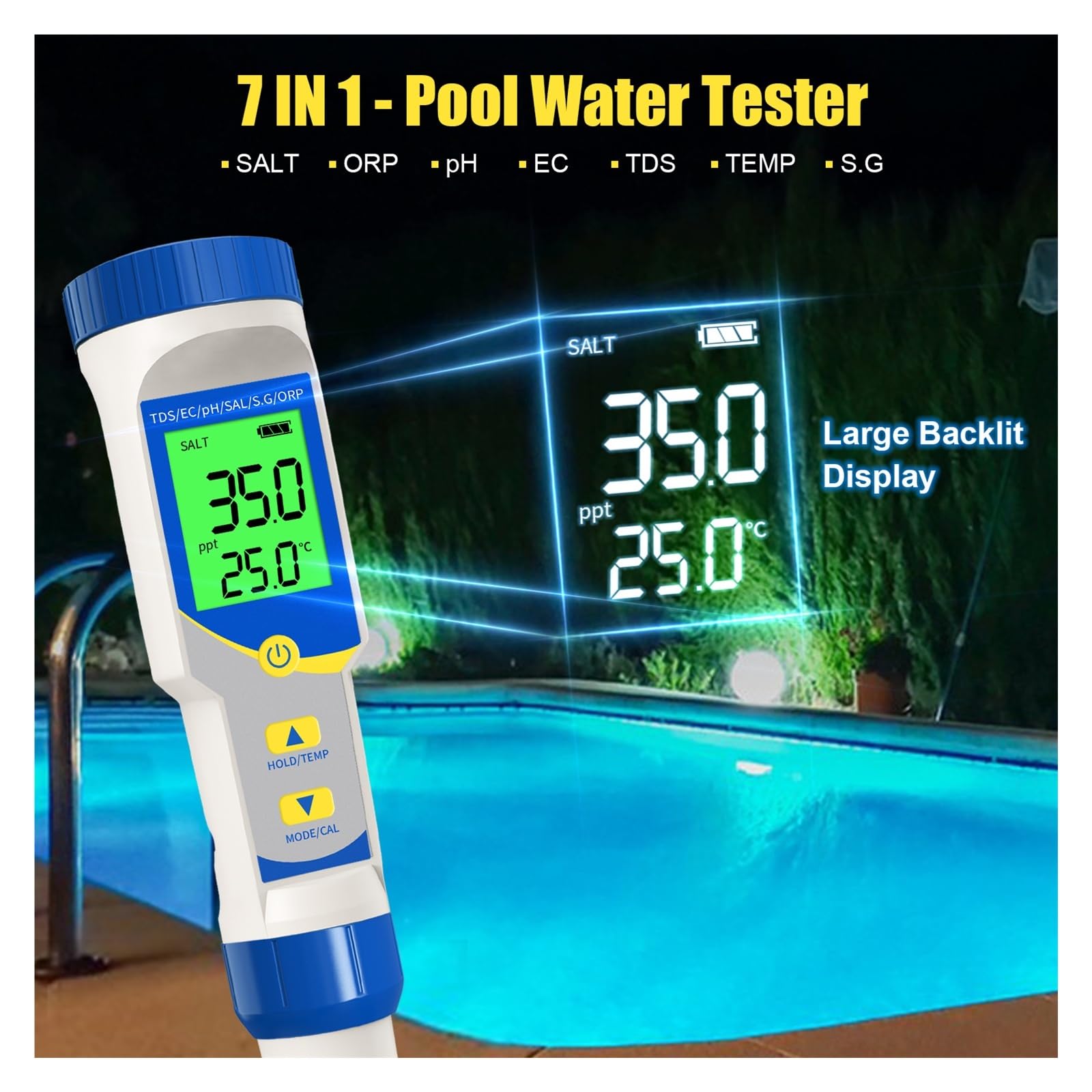 Testeur de qualité de l'eau Testeur de pH 7 en 1, résolution 0,01, Haute précision, TDS, EC, ORP, ppm, salinomètre for Piscine