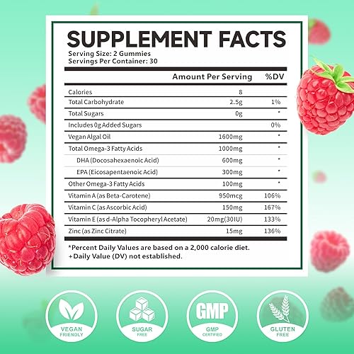 Miniatura 2 de Gomitas veganas Omega-3 de 1000 mg, alternativa de aceite de pescado Omega 3 para adultos, DHA a base de algas 600 mg y EPA 300 mg + vitaminas A, C,