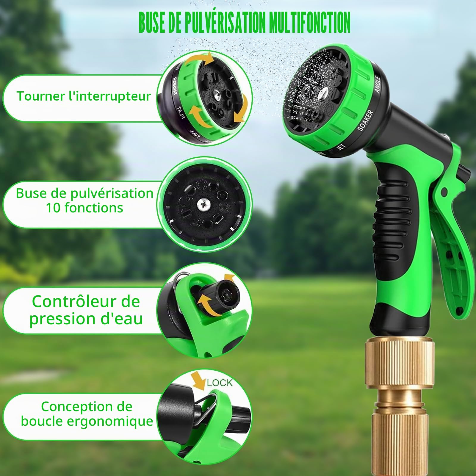 Tuyau Arrosage Extensible 15m,Tuyaux D'arrosage Embout 10 Modes Pistolet,Connecteur en Laiton Massif Avec Adaptateur 1/2’’ et 3/4’’,Tuyau d'arrosage Flexible pour Lavage de Voiture