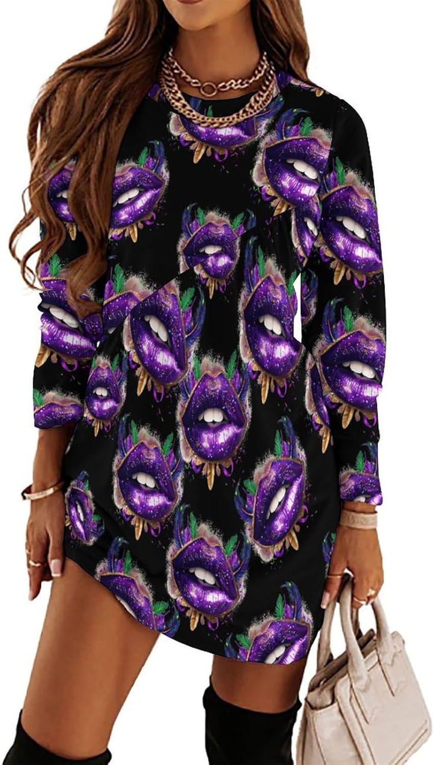 Mardi-Gras Glitter Lips Women's Fleece Sleeve Sweatshirt Dress Long Pullover Casual Dresses