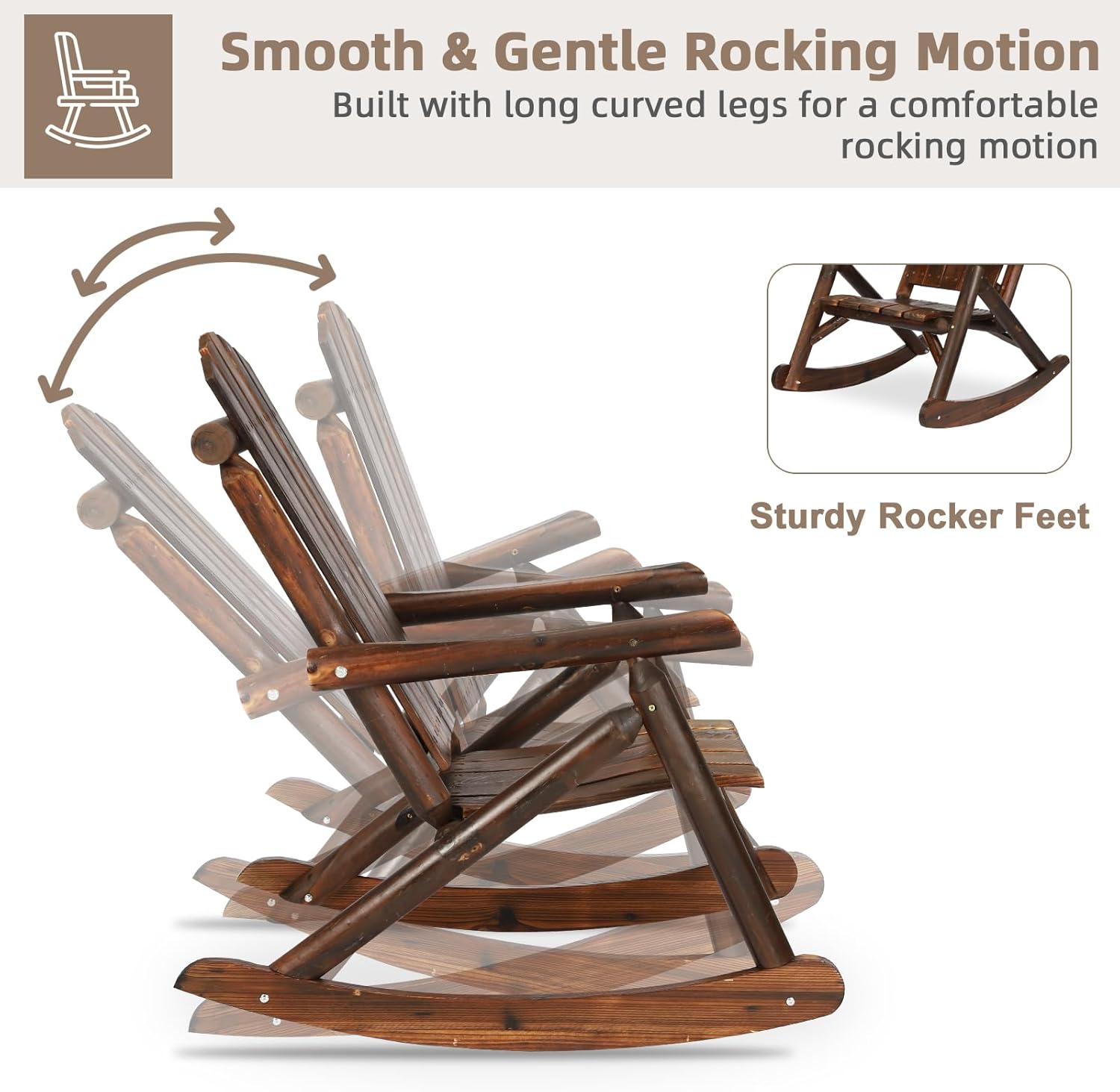 Outdoor Wooden Rocking Chair, Patio Rustic Adirondack Porch Rocker, All Weather Solid Wood Log Rocker High Back Lounge Chair with Slatted Seat for Indoor, Deck, Backyard, Carbonized