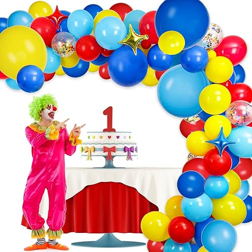 Miniatura 8 de JOYYPOP Kit de arco de globos de carnaval con 123 globos de confeti de látex de arcoíris rojo, azul, amarillo, para decoraciones de fiesta de