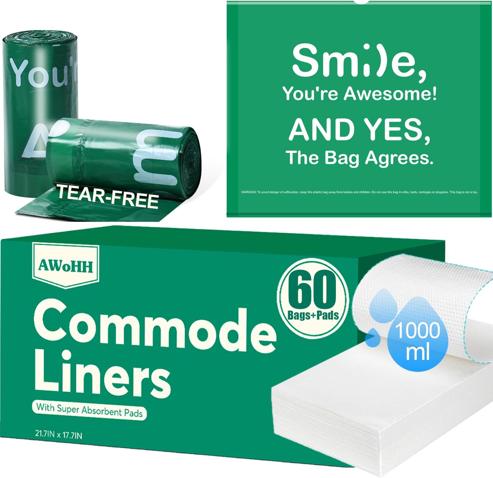 Commode Liners with Absorbent Pads, 60Pack Tear-Free Leak-Proof Bedside Commode Liners, Universal Disposable Commode/Bed Pan Liners for Commode, Standard Toilet, Chair Bucket(60Bags+60Pads)