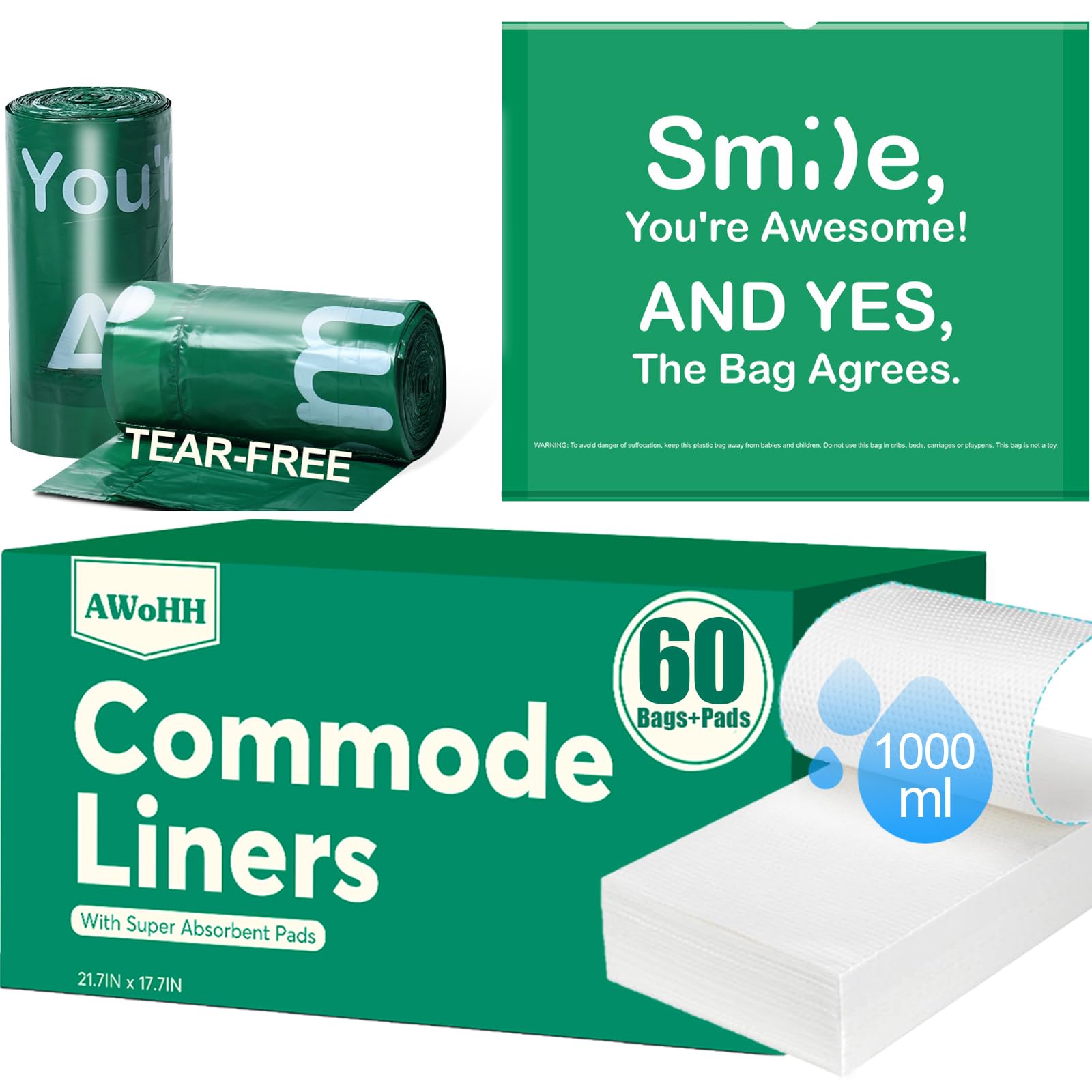 Commode Liners with Absorbent Pads, 60Pack Tear-Free Leak-Proof Bedside Commode Liners, Universal Disposable Commode/Bed Pan Liners for Commode, Standard Toilet, Chair Bucket(60Bags+60Pads)