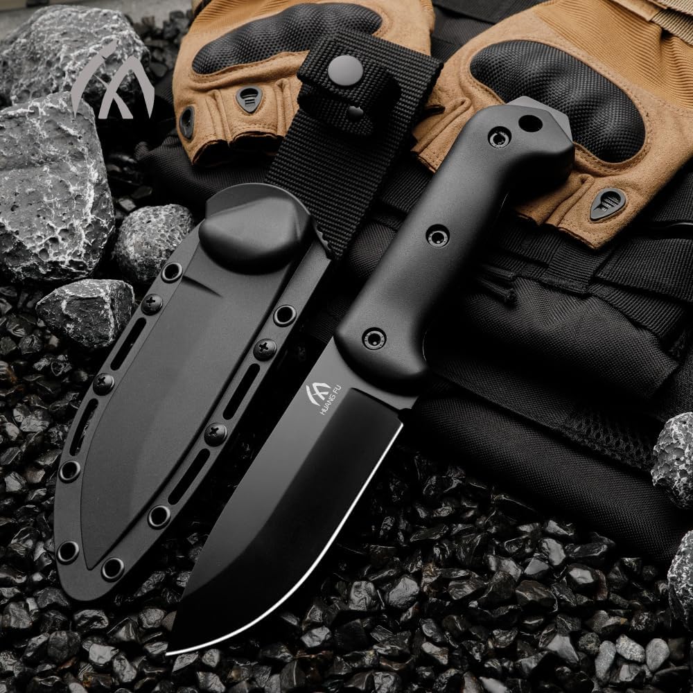 HUANG FU Tactical Fixed Blade Knife, 10.5 Inch Black Combat Knife with Sheath, High Hardness Double Cutting Edge, 4.9 Inch Blade