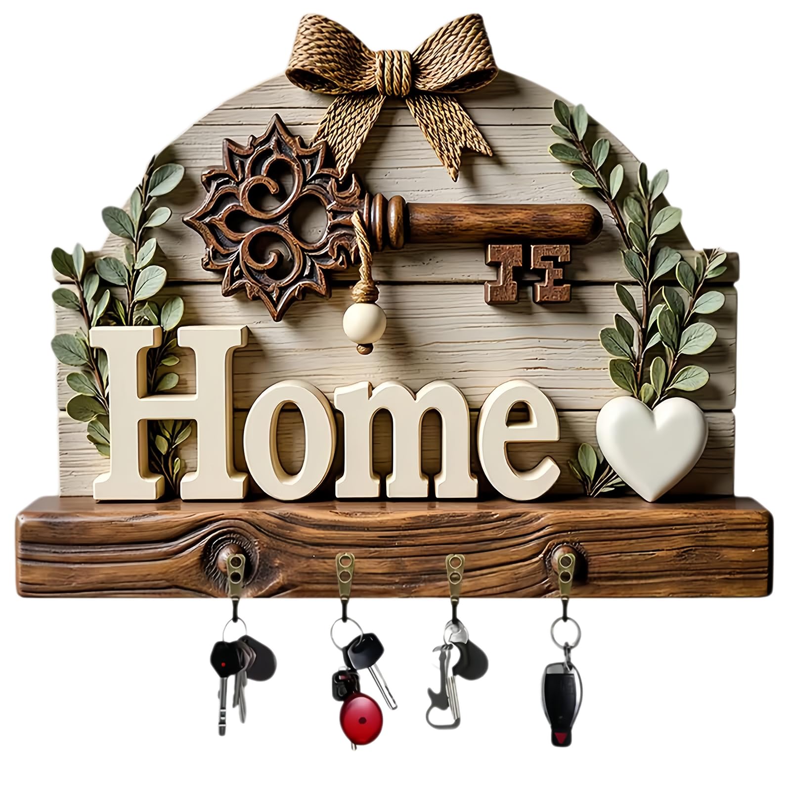 Aurelx 2D Key Holder for Wall, Wooden Key Hooks with 4 Hooks, Decorative Towel Hook Coat Hanger, Garden Cottage Keys Holder for Entryway Hallway Farmhouse