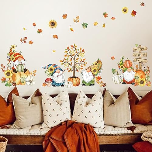Miniatura 4 de wondever Calcomanías de pared de calabaza de Acción de Gracias, gnomo, hojas de árbol de otoño, despegar y pegar, calcomanías de arte de pared para