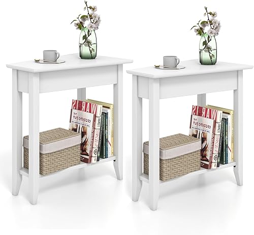 GOFLAME Juego de 2 mesas auxiliares de cuña de 2 niveles, mesa auxiliar triangular estrecha con estante de almacenamiento, patas de madera maciza,