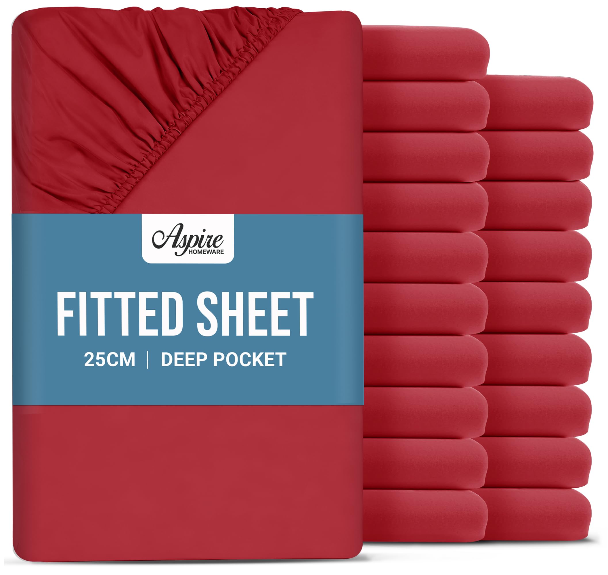 Aspire Homeware Double Fitted Sheet 20 Pack - 25 cm Deep Hotel Quality (Red) Bed Sheets - Soft & Breathable Fitted Bed Sheets Double - Anti-Wrinkle Easy Care Fitted Sheets โ image 1