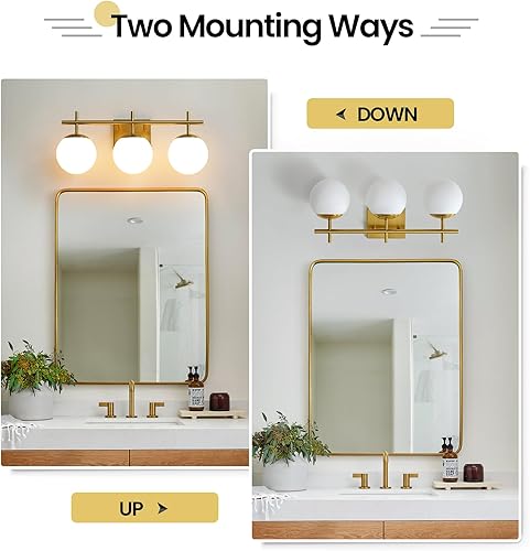 Miniatura 8 de Lámpara dorada para baño, luz de tocador de baño de 3 luces sobre el espejo, accesorios de iluminación modernos con pantalla de vidrio de globo