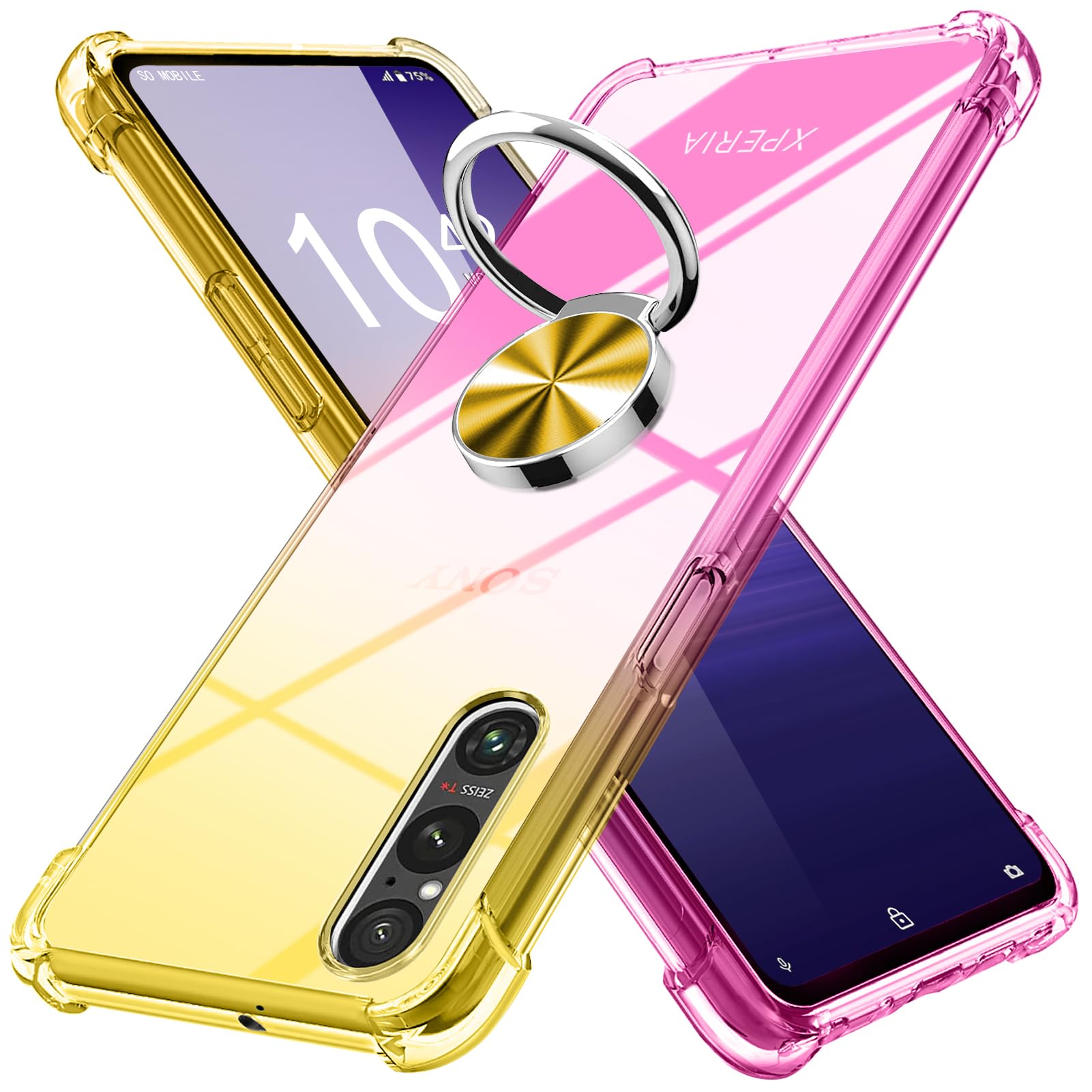 Xperia 1 V 用 ケース リング付き クリア 薄型 グラデーション色 ケース SO-51D/SOG10 用 ケース 軽量 tpu 耐衝撃 スマホケース 透明 米軍MIL規格取得 おしゃれ 黄変防止防塵一体型 人気 車載ホルダー エクスペリア 1 V 用 携帯カバー ゴールド/ピンク MD-SXZH-033-04