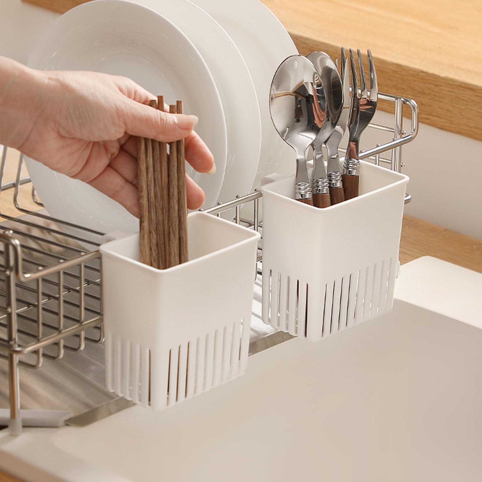 2 estantes de secado de plástico Sil, cesta de cubiertos que ahorra espacio con hoo, nizador de cocina para cuchara, cuchillo, tenedor, fácil secado y Sto Solut