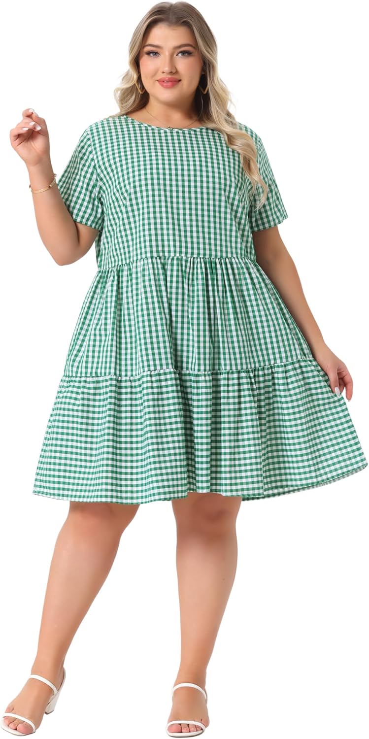 Agnes Orinda Plus Size Gingham Dresses 1950s Vintage Plaid Round Neck Short Sleeve Tiered Midi Summer Dress - Image 3