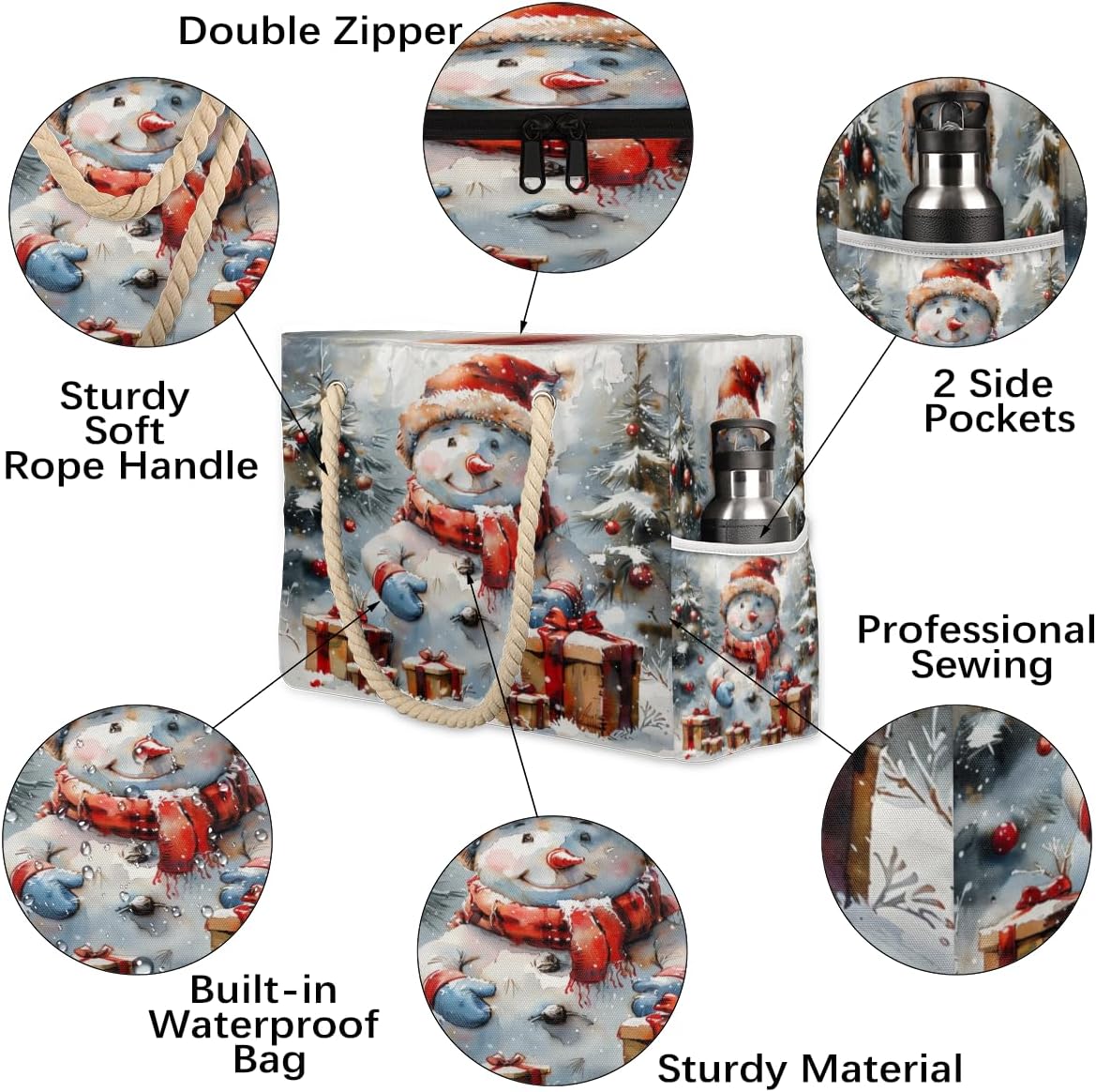 Holiday Snow Man Beach Bag for Women Waterproof Sandproof Tote with Zipper Cotton Rope Handles for Travel Pool Gym Shopping