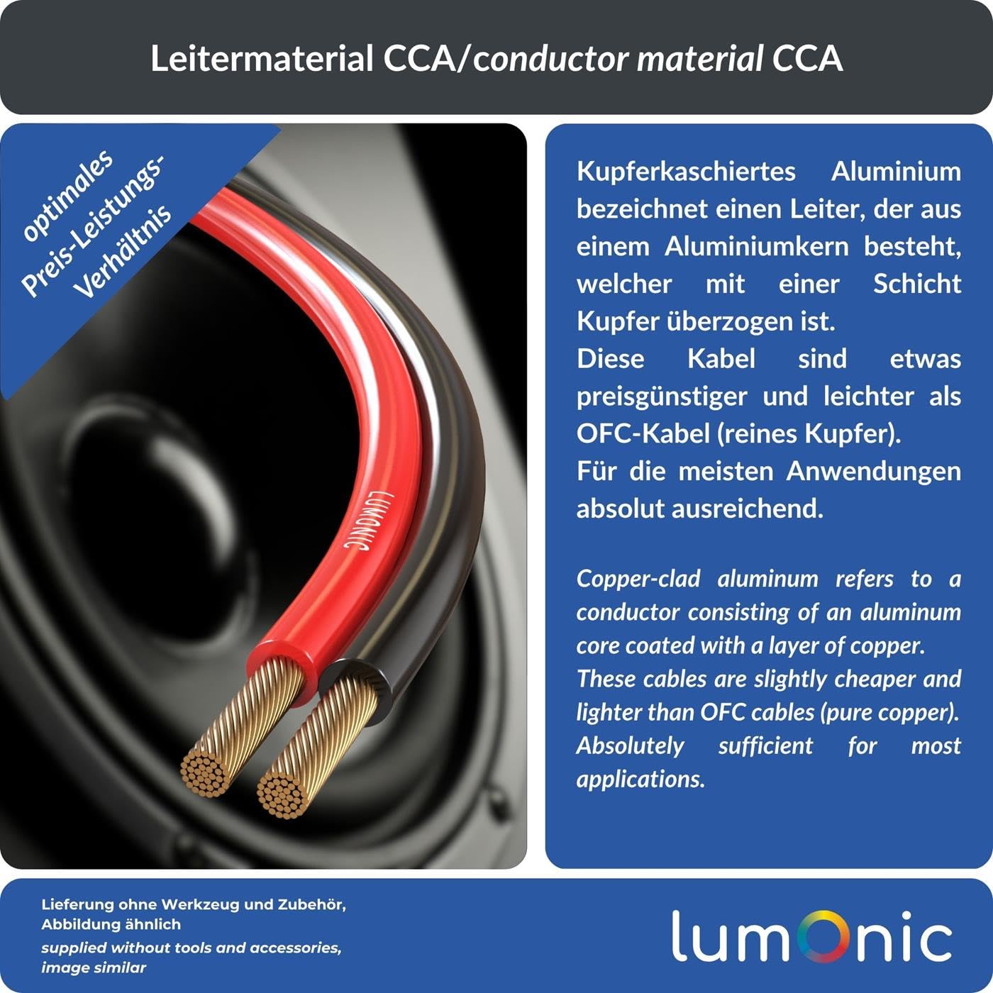 Lumonic Cavi per altoparlanti | 50m Rosso Nero | 2x 4mm² CCA | Cavo per diffusori HiFi | Linea audio doppia