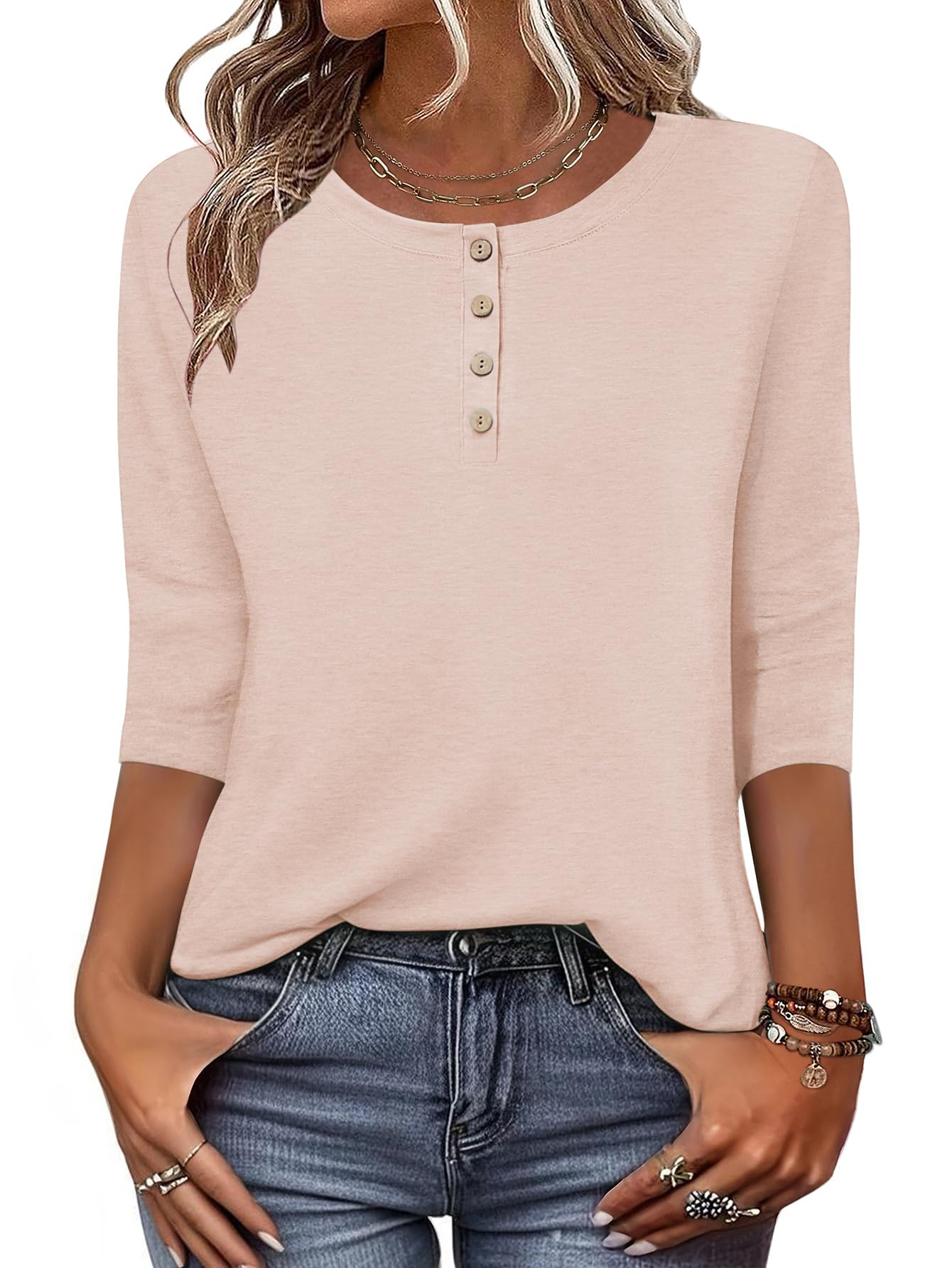 Zeagoo Womens Tops 3/4 Length Sleeve T Shirts Dressy Casual Button Down Blouses Spring Fall Clothes