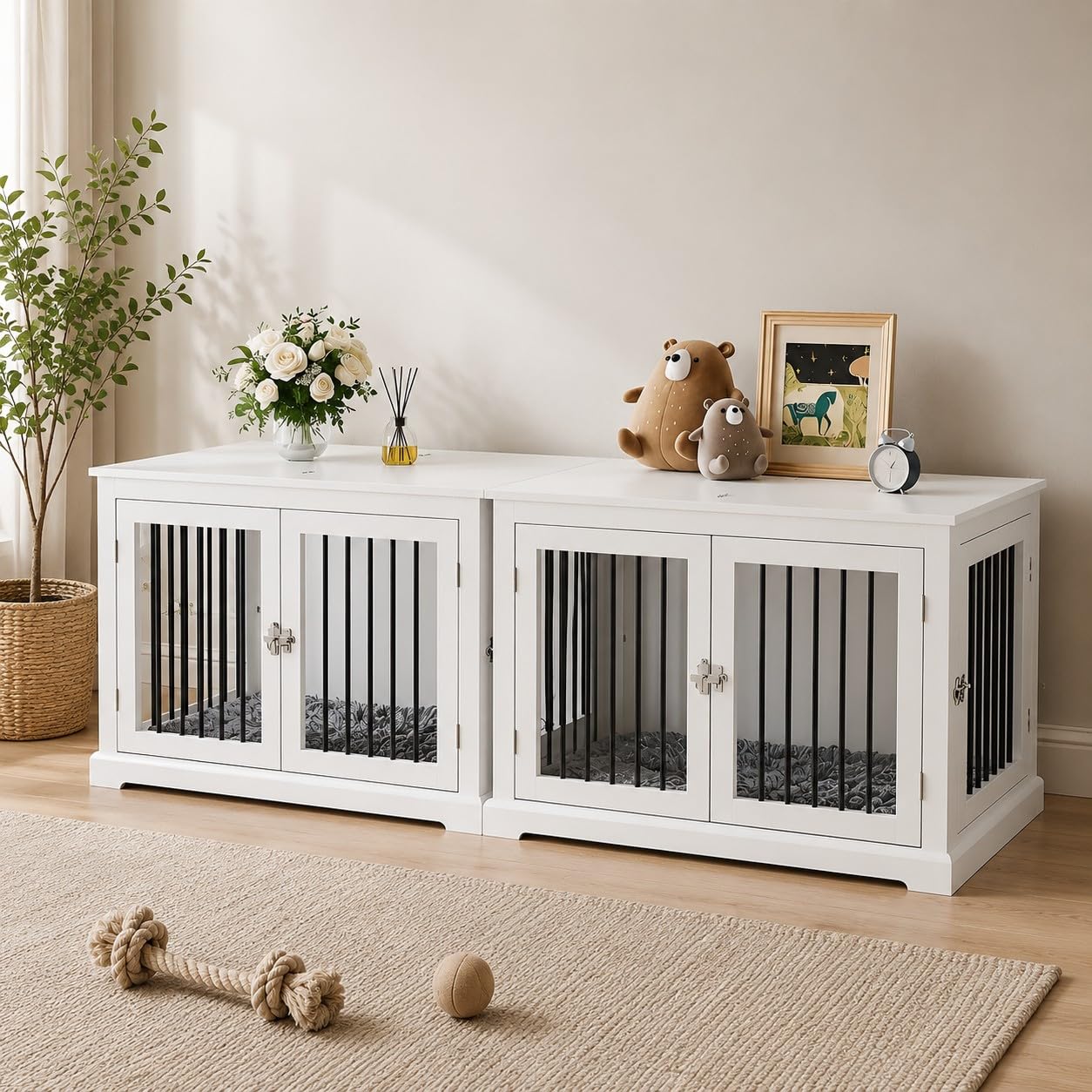 HOLTICO Box per cani per casa, gabbie per cani con cuscino, tavolino grande per cani da interni, cuccia per cani di grossa taglia (bianco x 2)