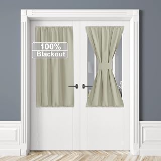 RYB HOME 100% Blackout Door Curtain Short Lightweight Portable and Easy to Install, Fully Room Darkening Privacy for French Door Kitchen Sidelight Window, W 25 x L 40, Beige, 1 Panel